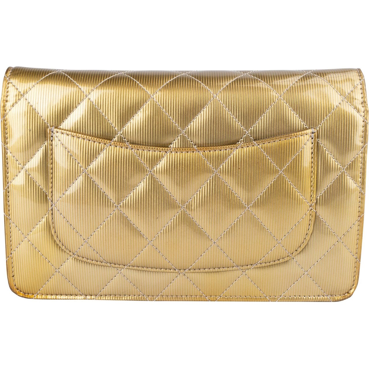 Chanel Ribbed Metallic Patent Leather Wallet On Chain Crossbody Bag Goud