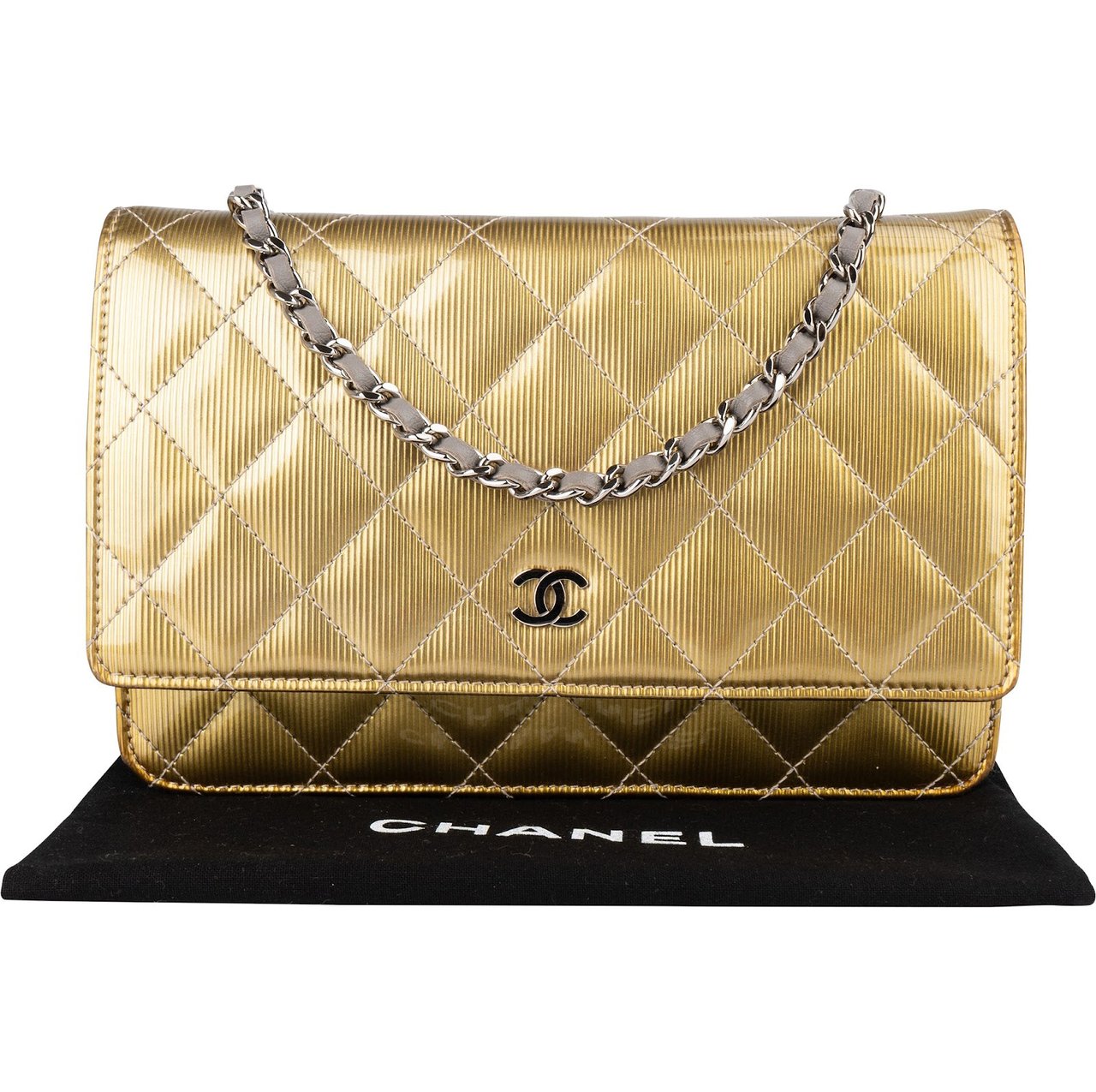 Chanel Ribbed Metallic Patent Leather Wallet On Chain Crossbody Bag Goud