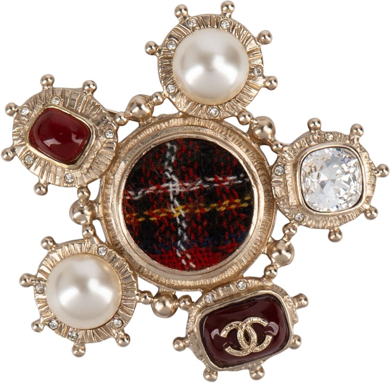 Chanel Chanel Tweed and Pearl CC Star Brooch Goud
