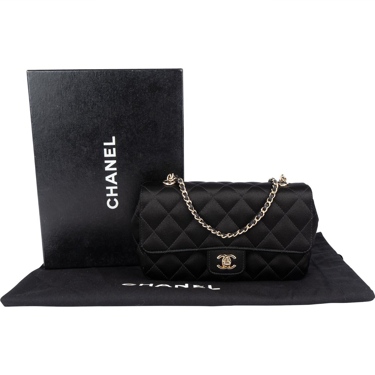 Chanel Chanel Quilted Satin Mini Rectangular Single Flap Crossbody Bag Zwart