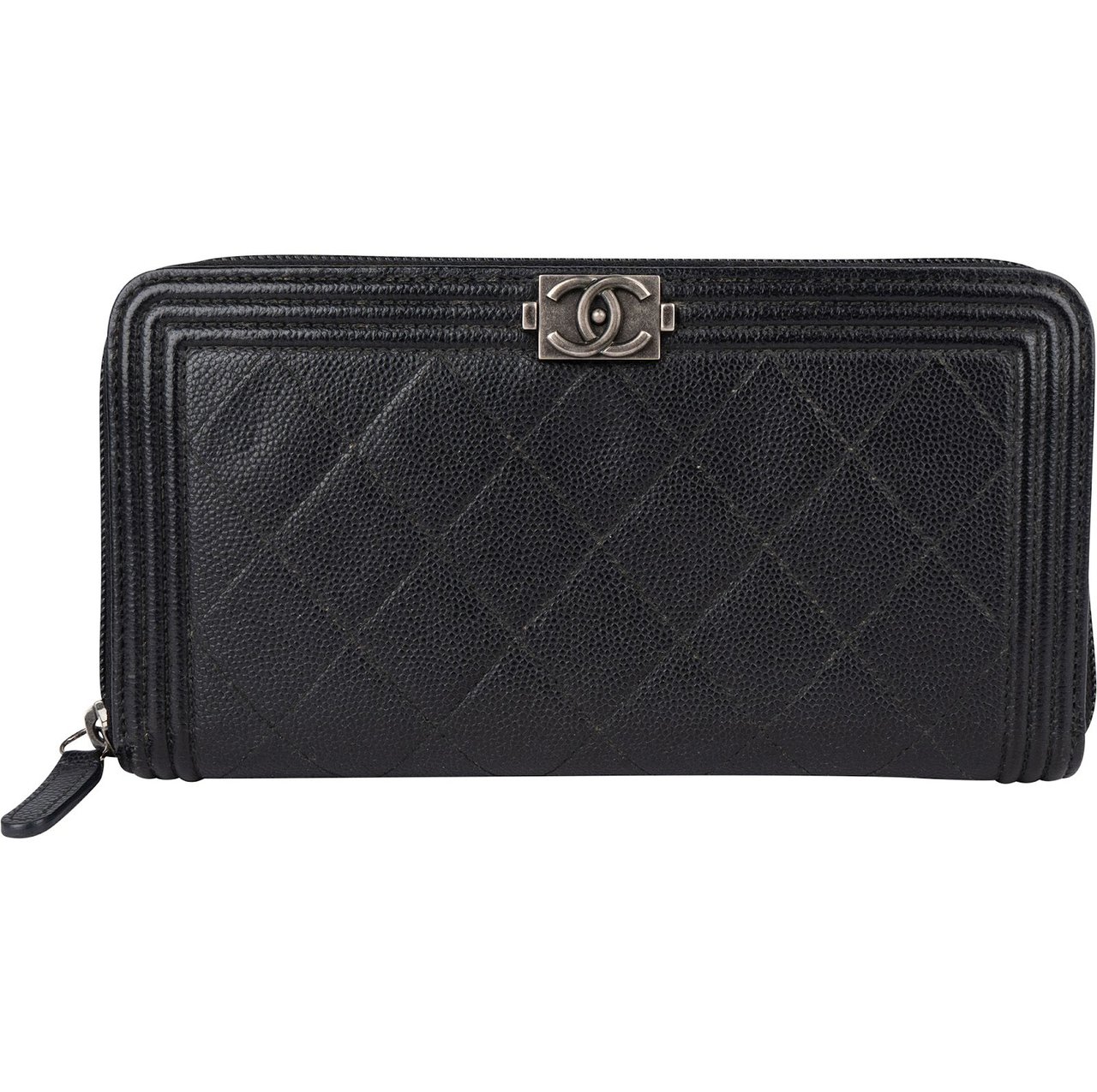 Chanel Caviar Leather Quilted Small Boy Zip Around Wallet Zwart