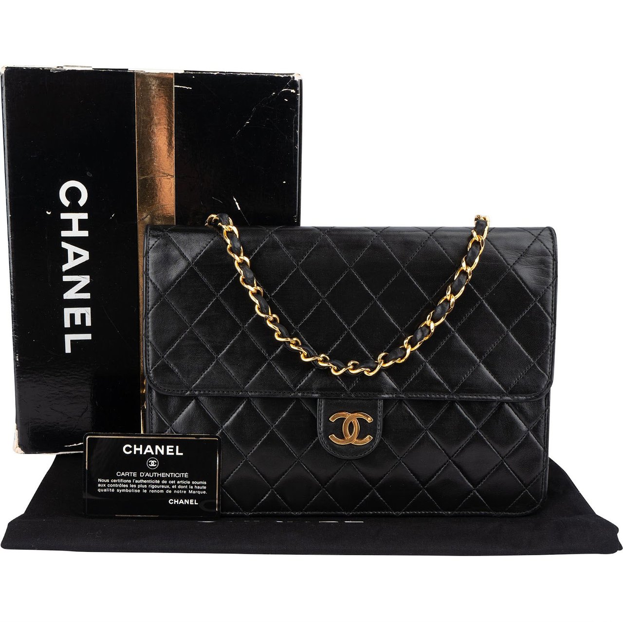 Chanel Chanel Quilted Lambskin 24K Gold Single Flap Shoulder Bag Zwart