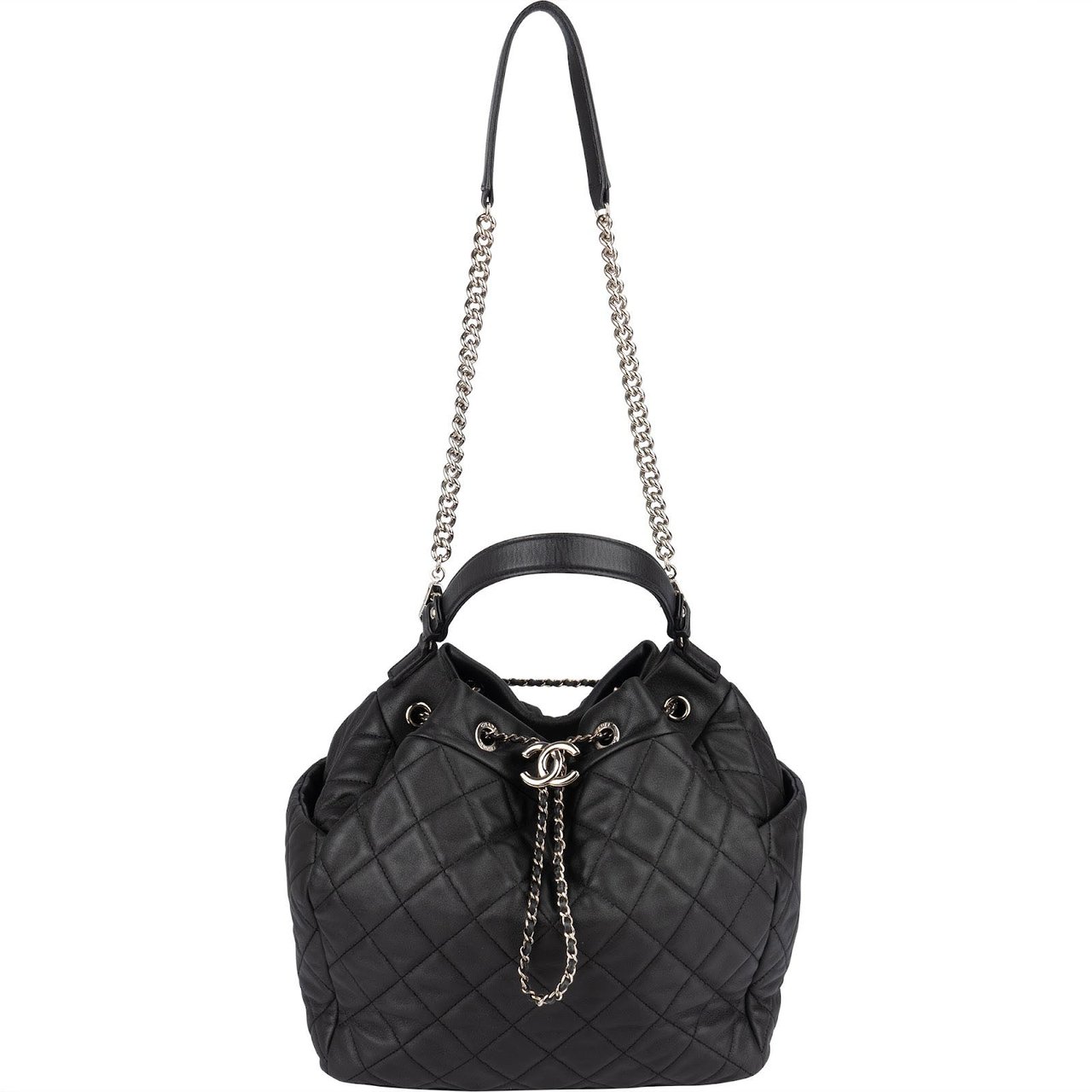 Chanel Chanel Quilted Lambskin Drawstring Bucket Shoulder Bag Zwart