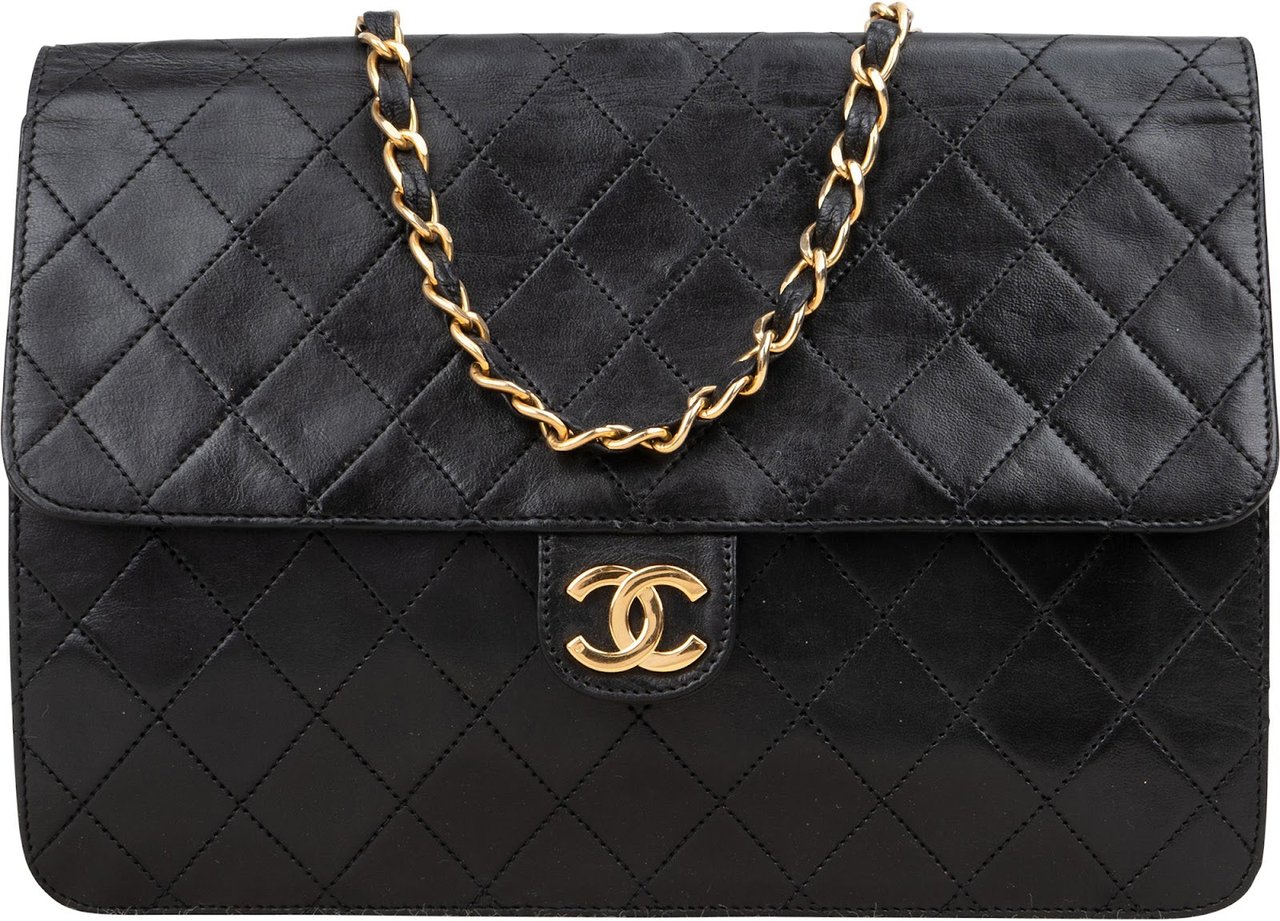Chanel Chanel Quilted Lambskin 24K Gold Single Flap Shoulder Bag Zwart