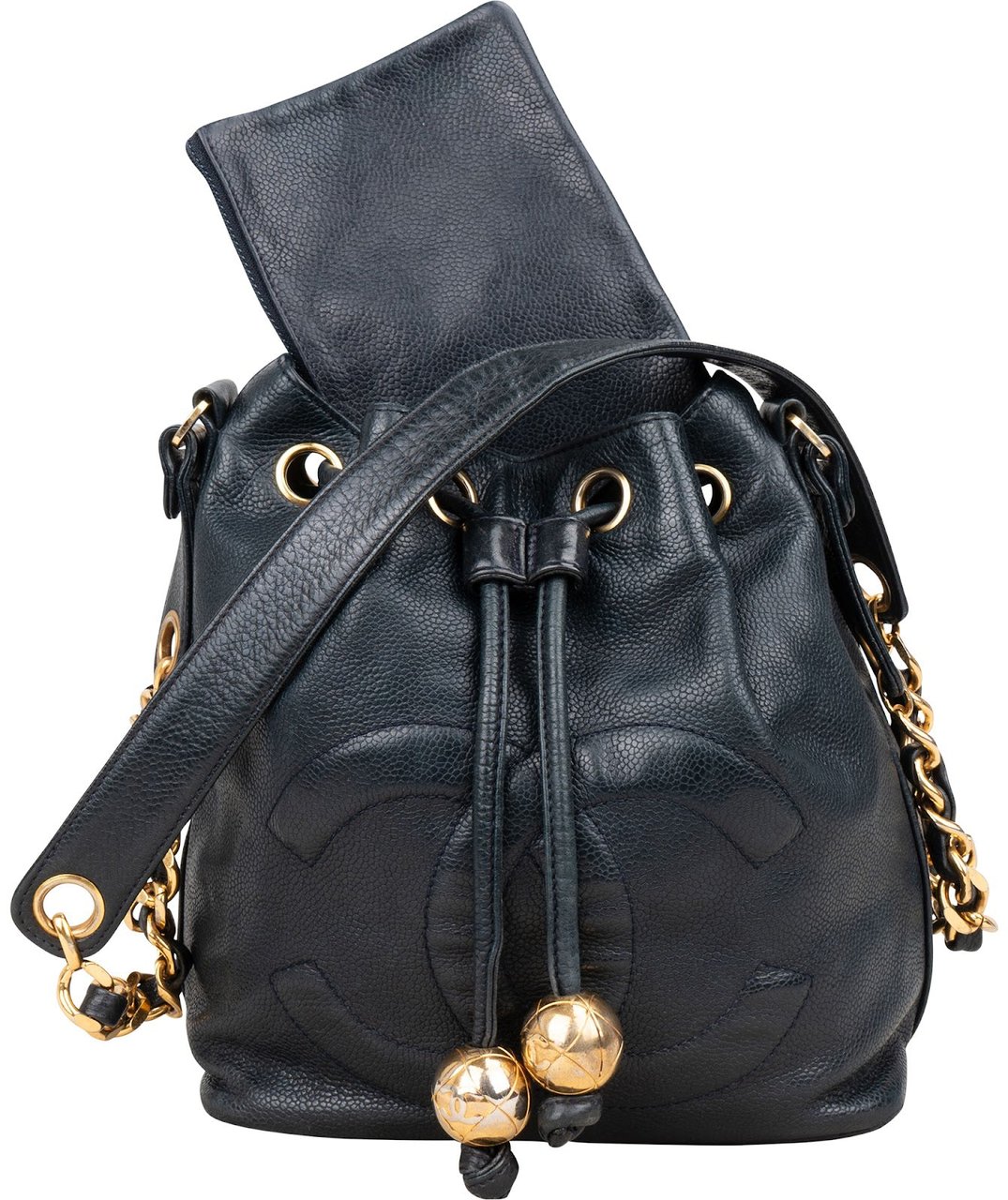 Chanel Chanel Caviar Leather CC Drawstring Bucket Crossbody Bag Zwart