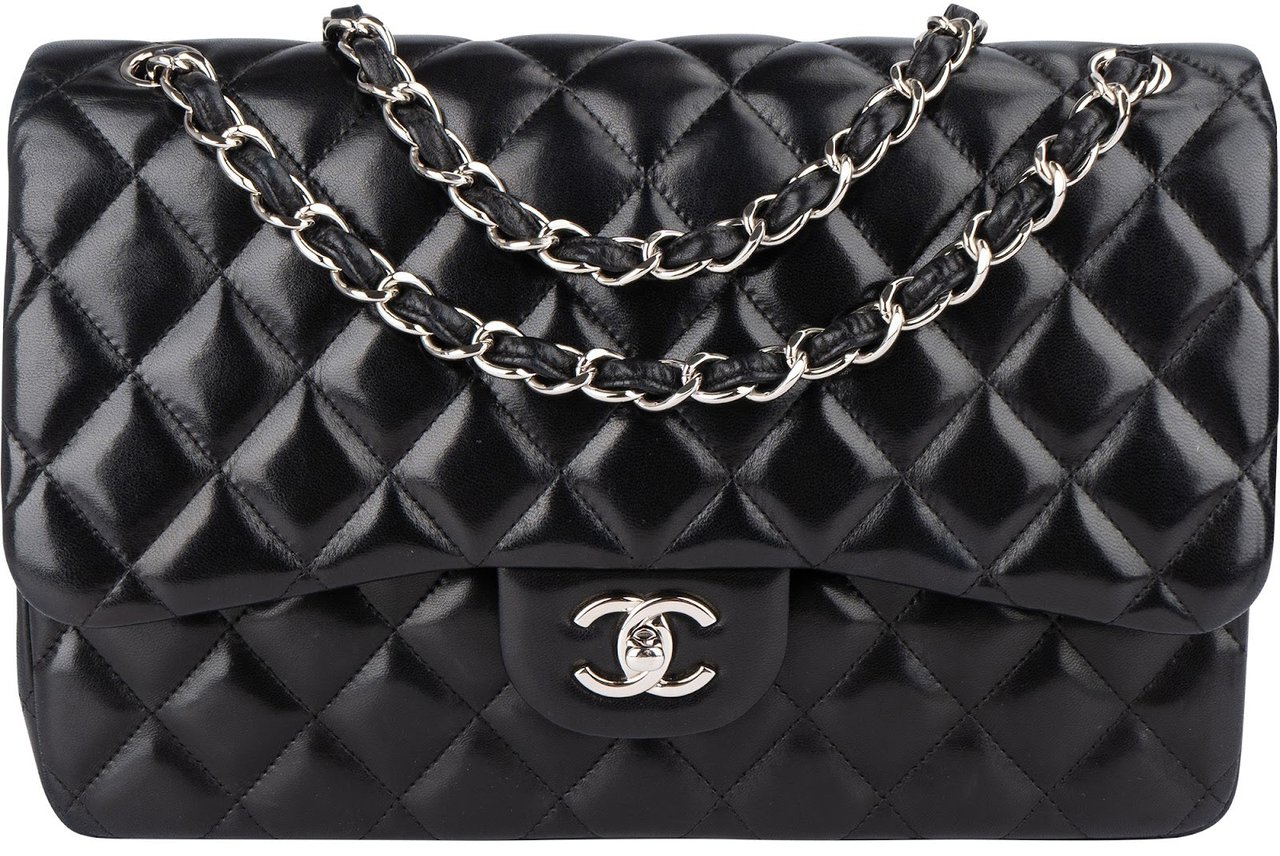 Chanel Chanel Quilted Lambskin Jumbo Double Flap Crossbody Bag Zwart