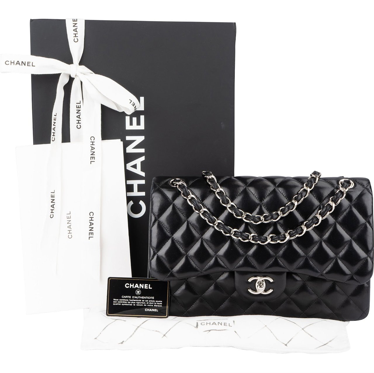 Chanel Chanel Quilted Lambskin Jumbo Double Flap Crossbody Bag Zwart
