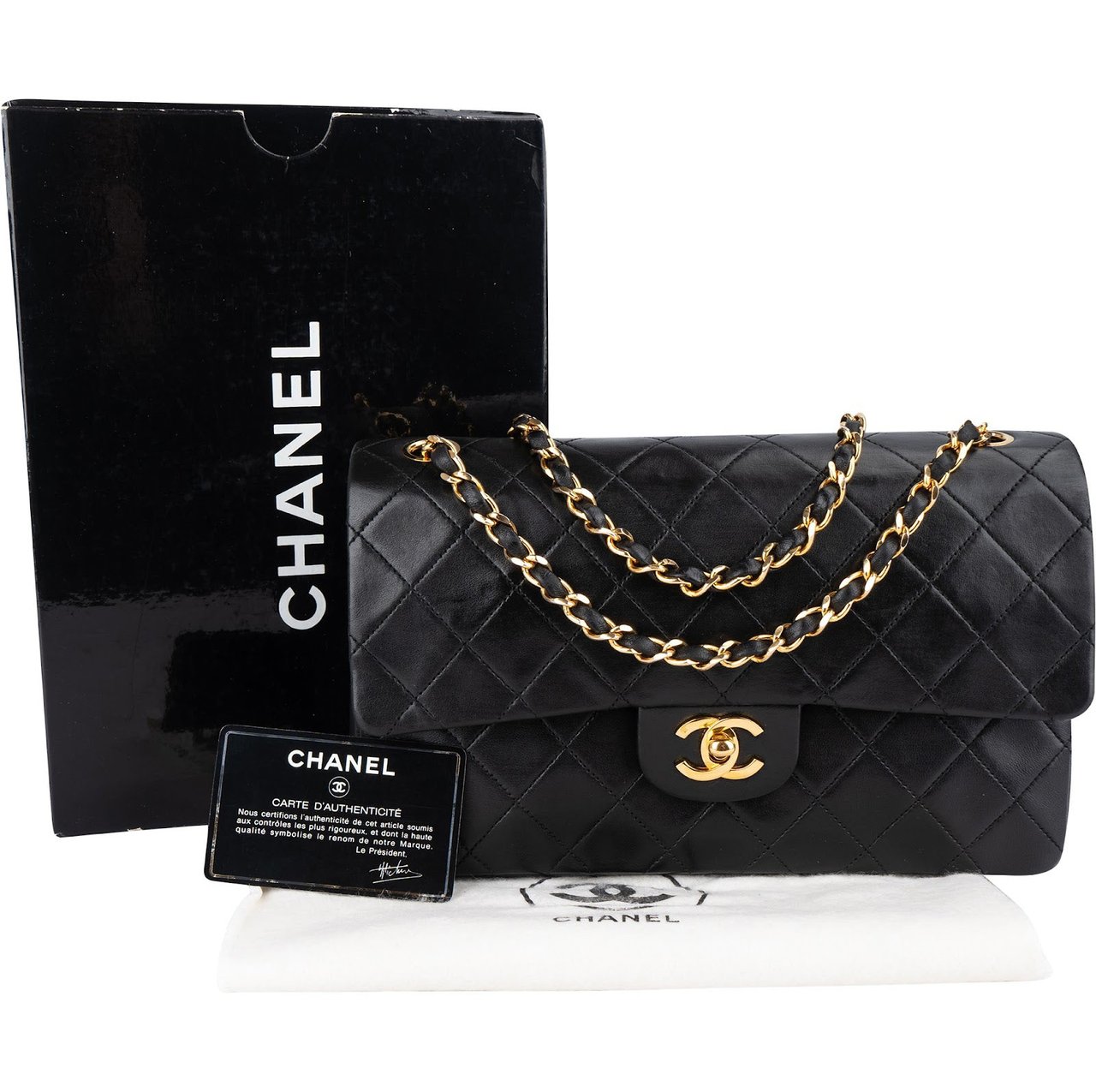 Chanel Chanel Quilted 24K Gold Lambskin Medium Double Flap Shoulder Bag Zwart