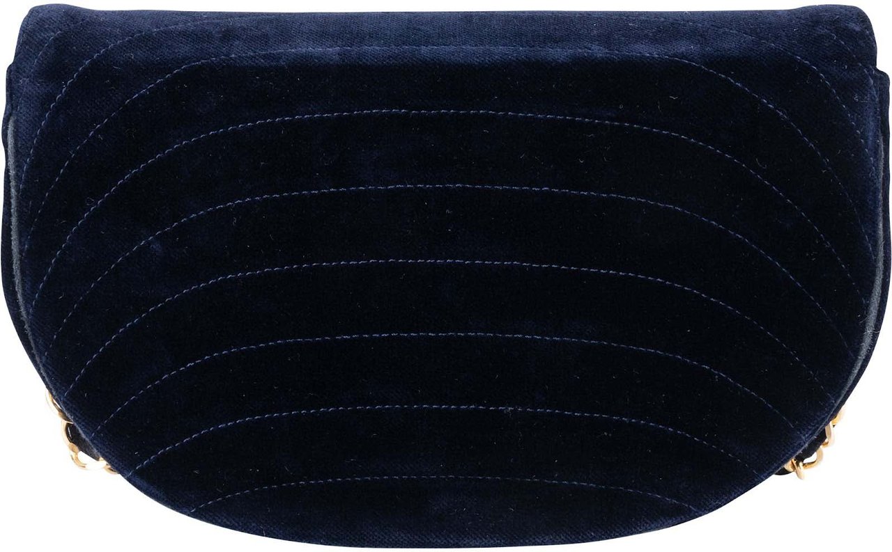 Chanel Chevron Velvet Half Moon Single Flap Crossbody Bag Blauw
