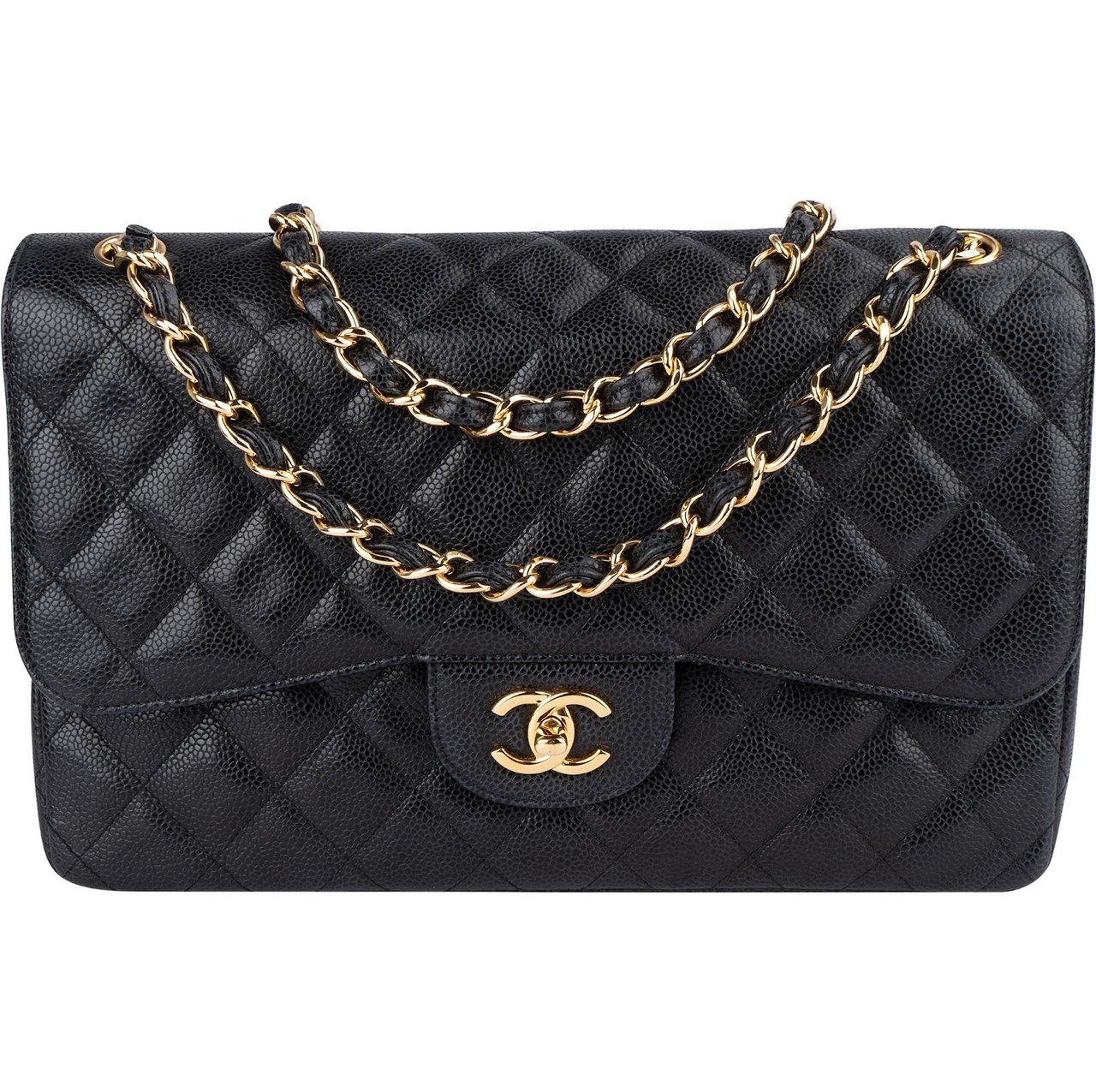 Chanel Chanel Quilted Caviar Leather Jumbo Double Flap Crossbody Bag Zwart