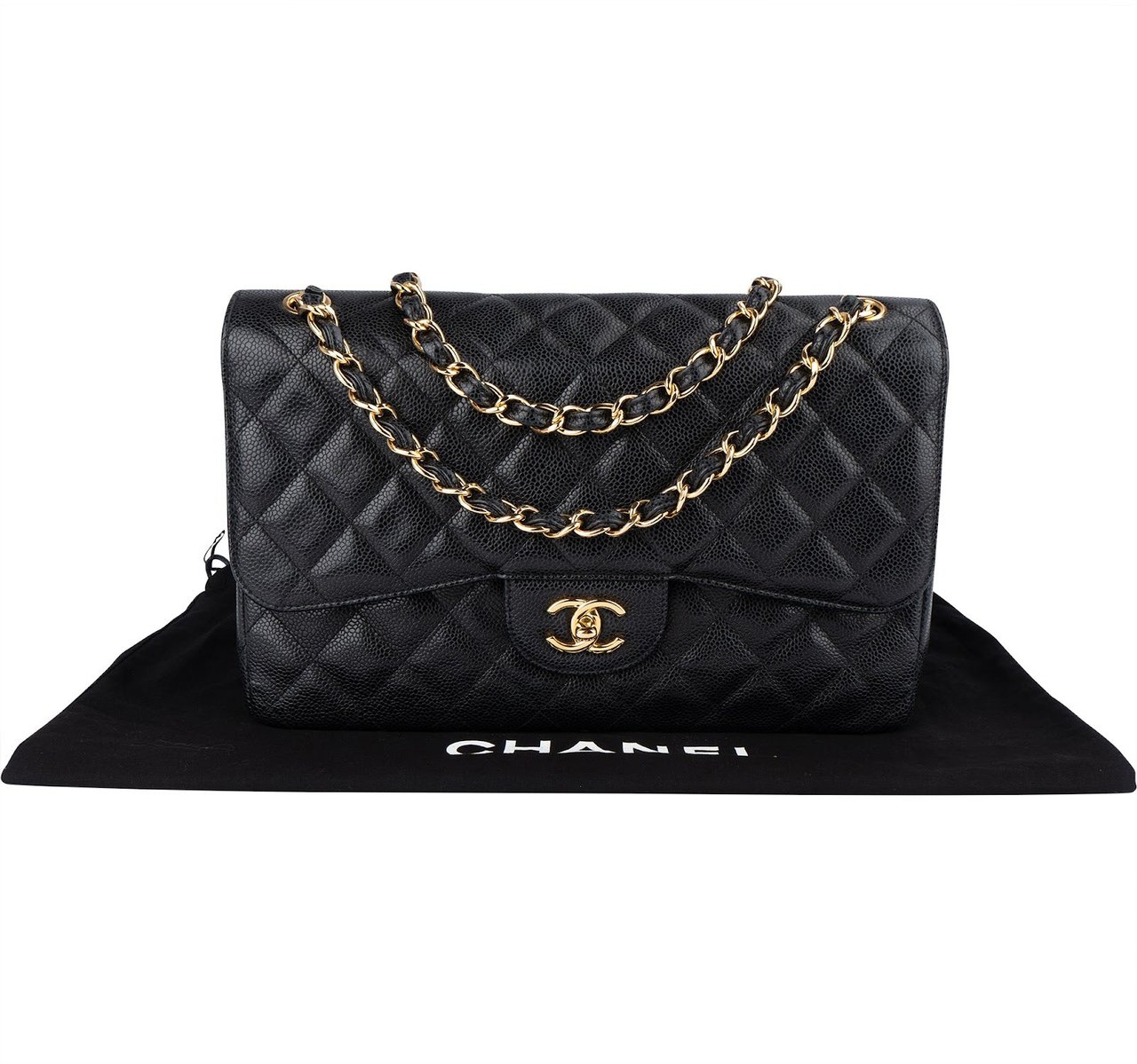 Chanel Chanel Quilted Caviar Leather Jumbo Double Flap Crossbody Bag Zwart