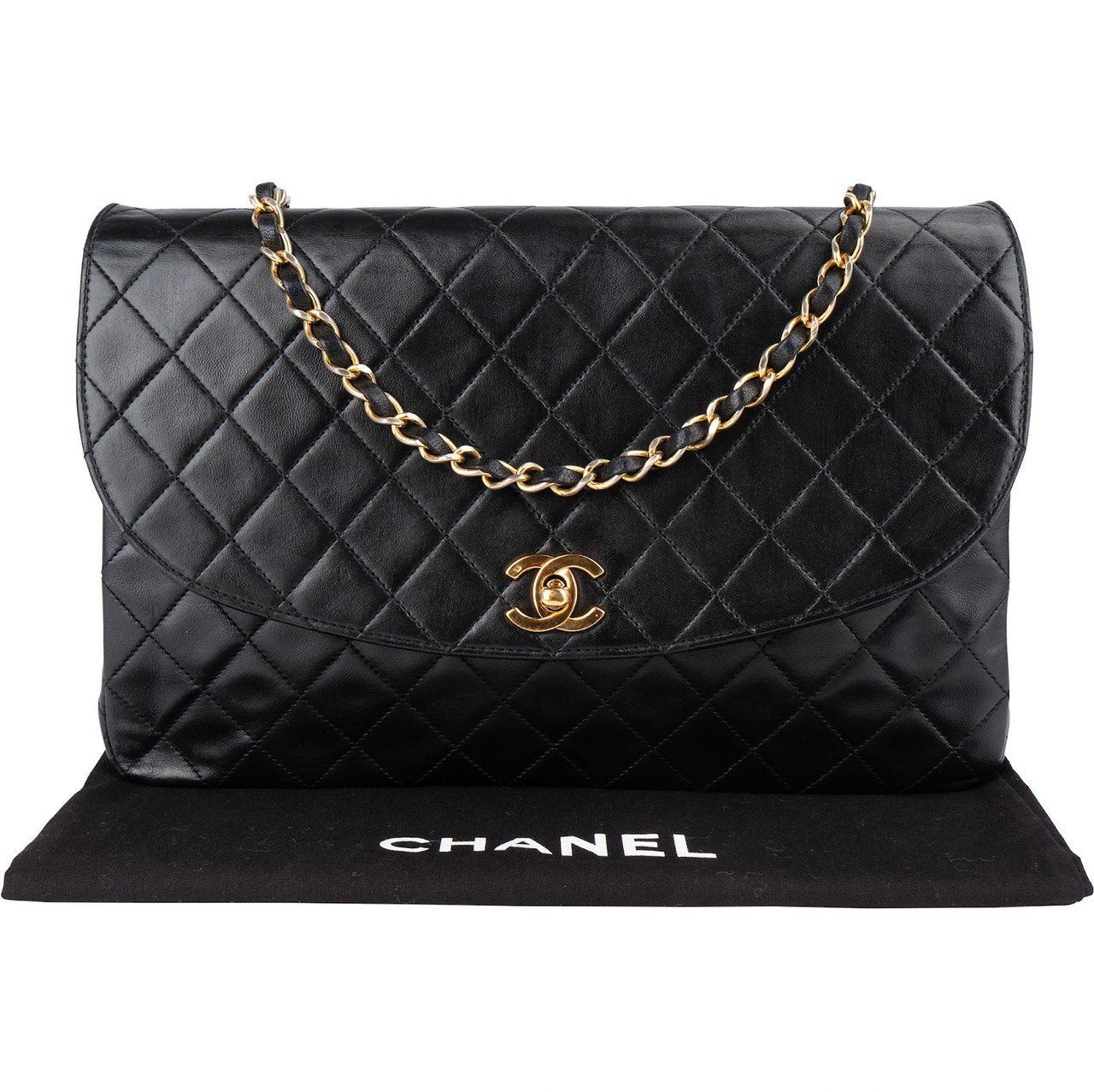 Chanel Chanel Quilted Lambskin 24K Gold Single Flap Shoulder Bag Zwart