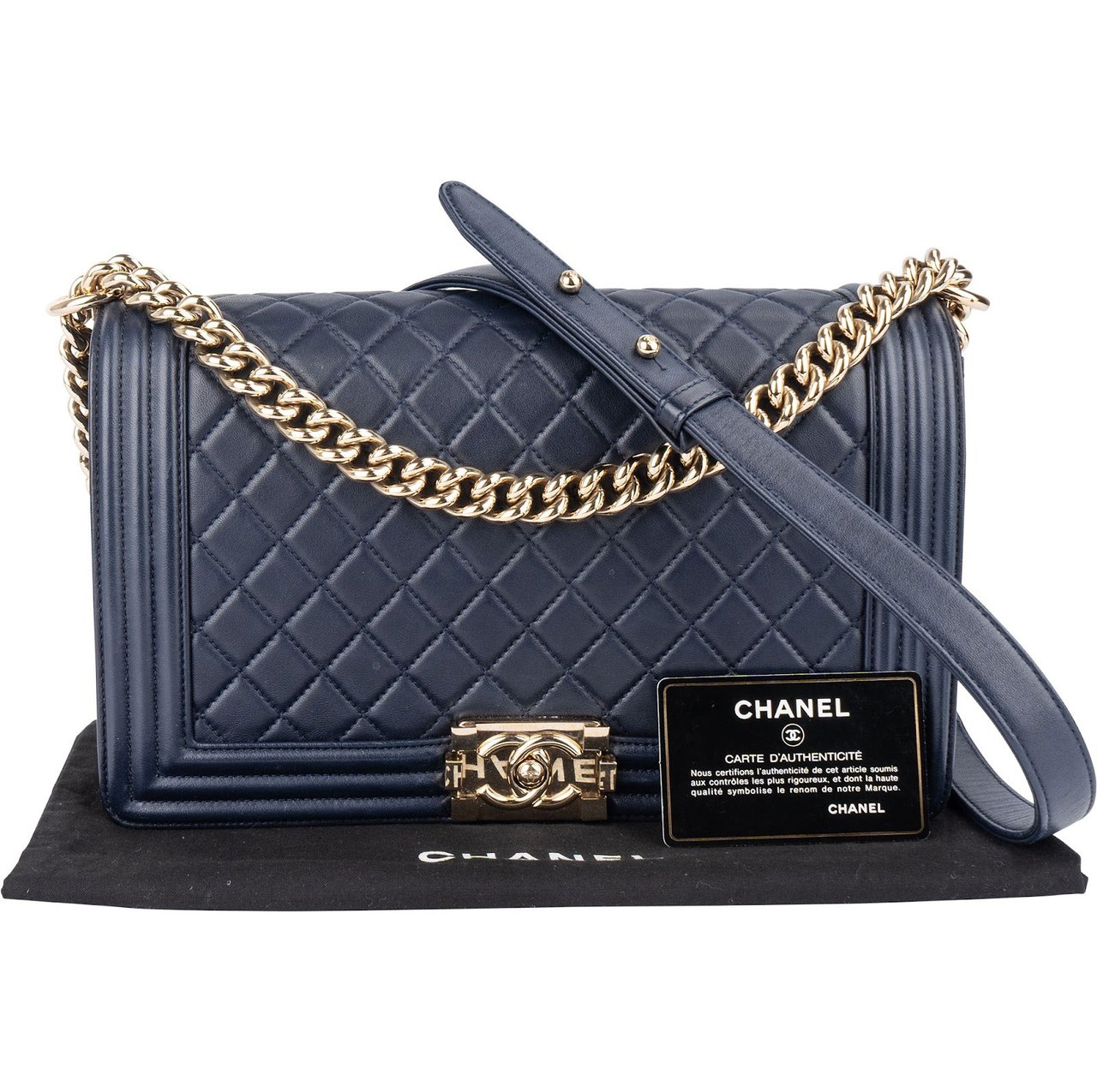 Chanel Chanel Quilted Lambskin Boy Single Flap Crossbody Bag Navy