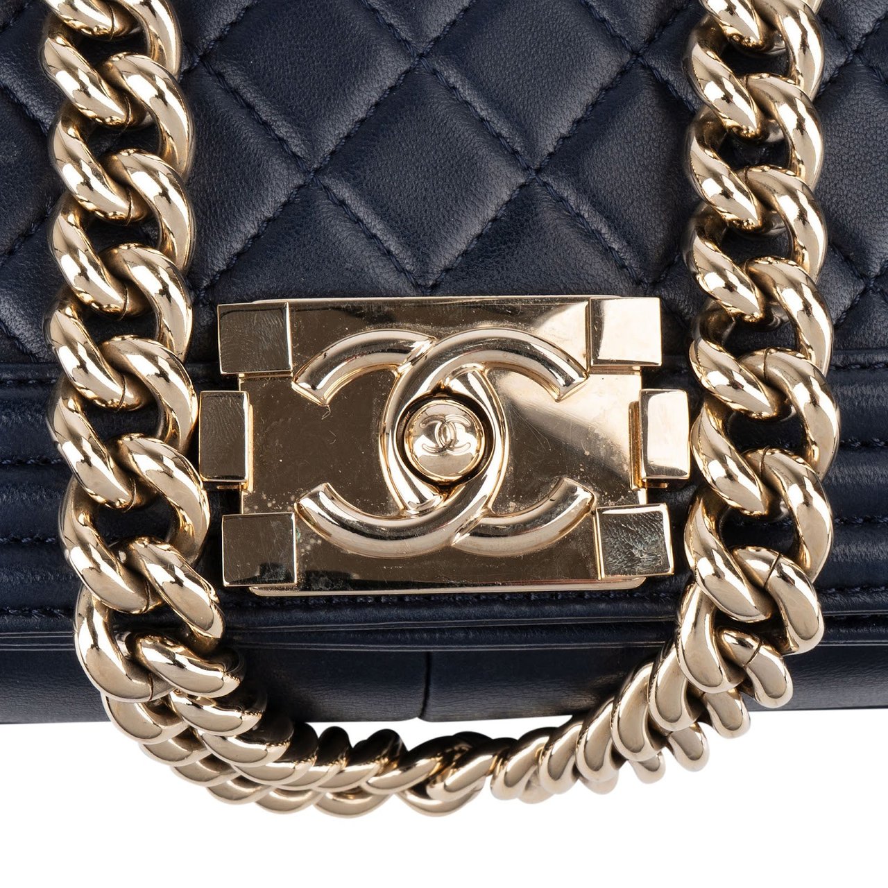 Chanel Chanel Quilted Lambskin Boy Single Flap Crossbody Bag Navy