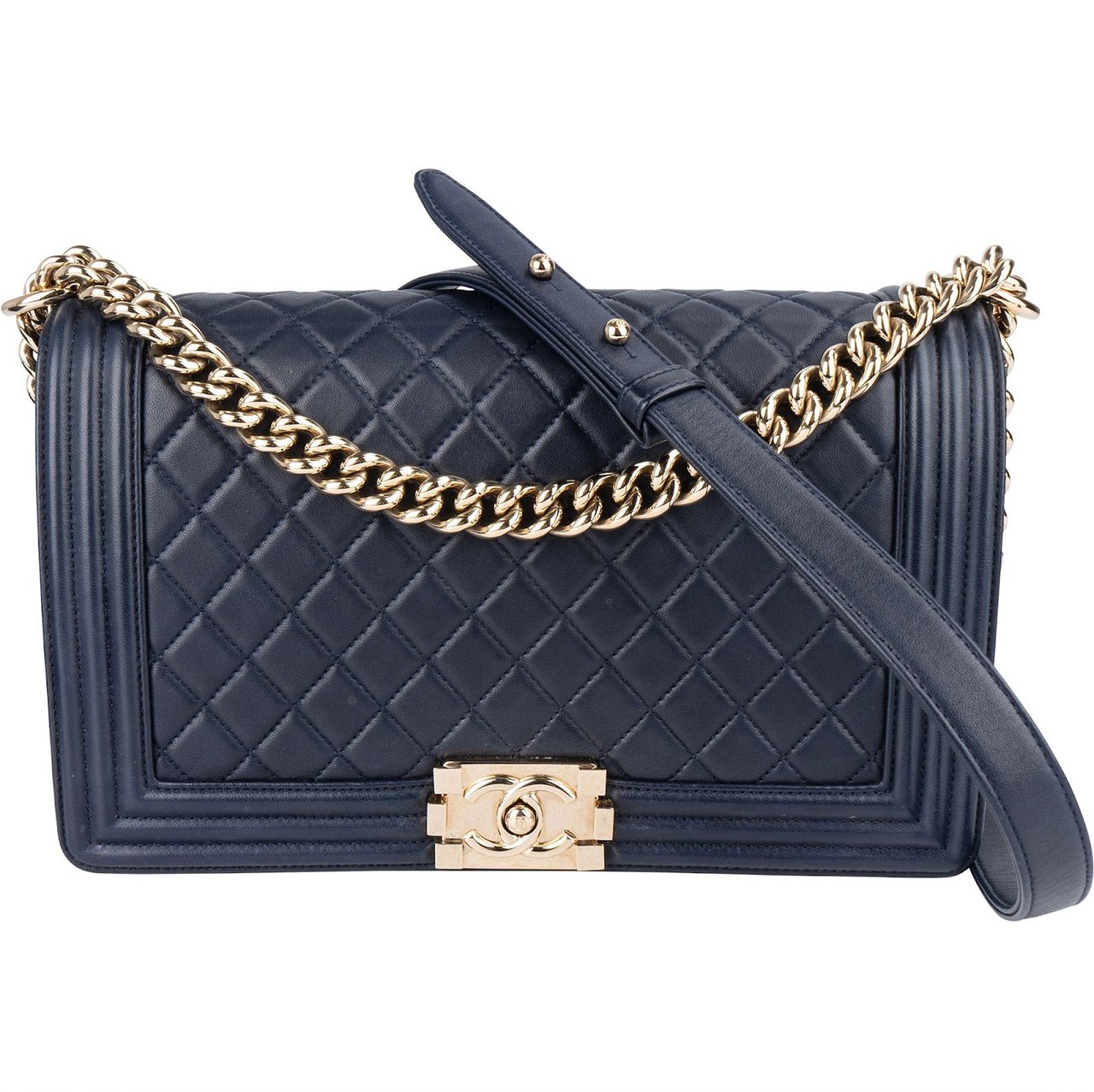 Chanel Chanel Quilted Lambskin Boy Single Flap Crossbody Bag Navy