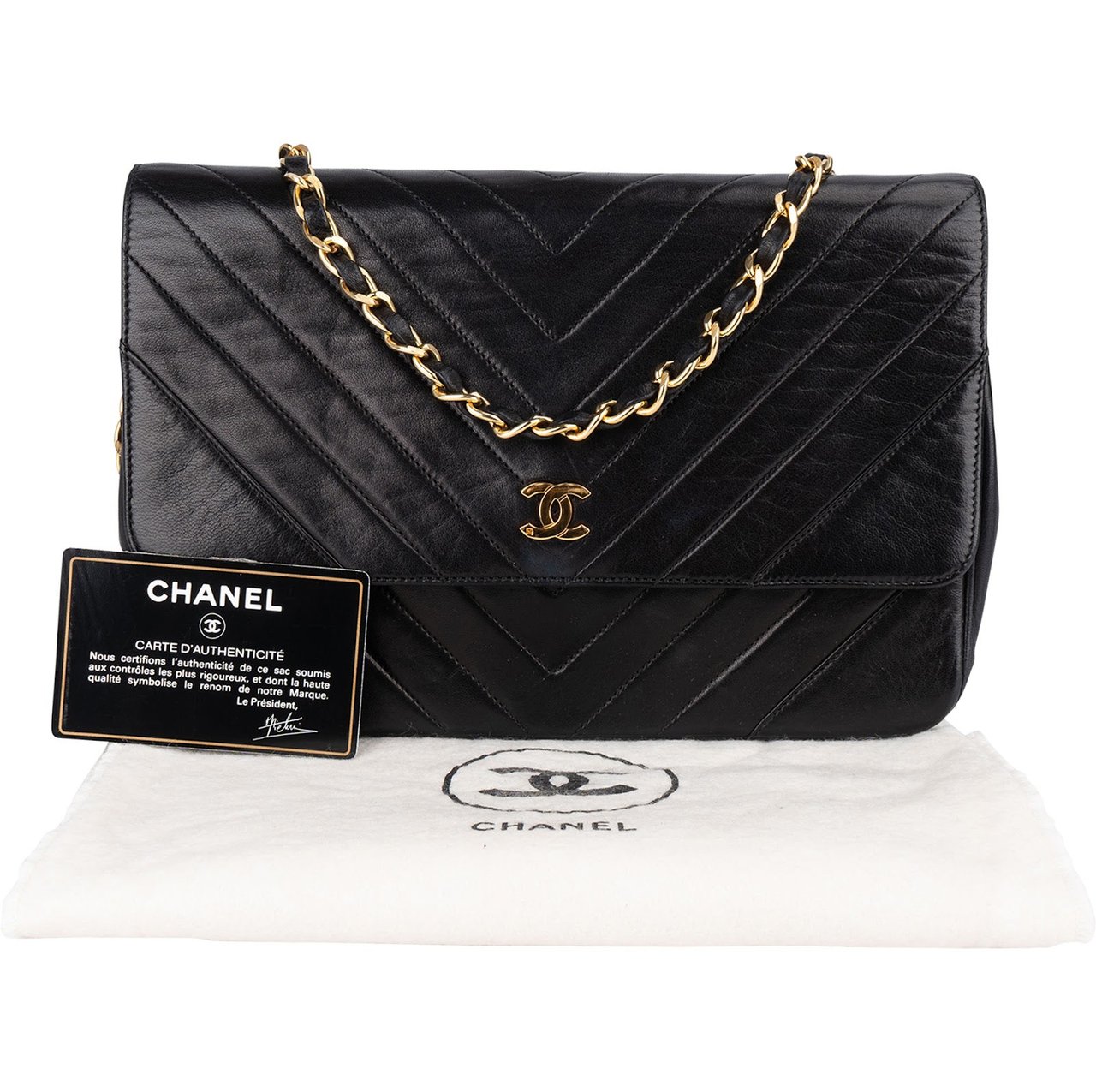 Chanel Chevron Lambskin 24K Gold Single Flap Shoulder Bag Zwart