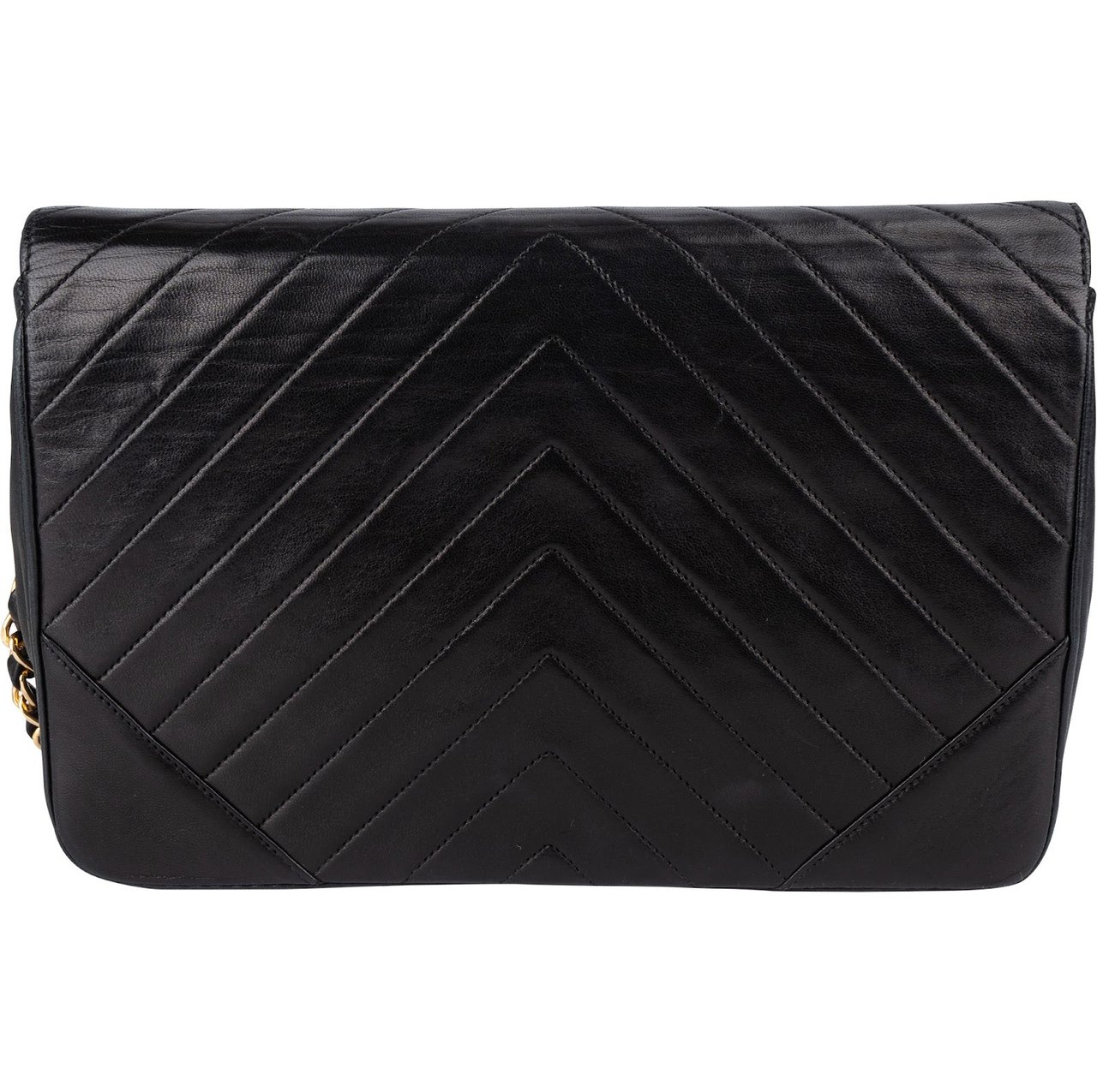Chanel Chevron Lambskin 24K Gold Single Flap Shoulder Bag Zwart