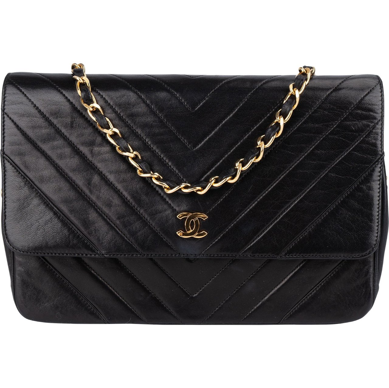 Chanel Chevron Lambskin 24K Gold Single Flap Shoulder Bag Zwart