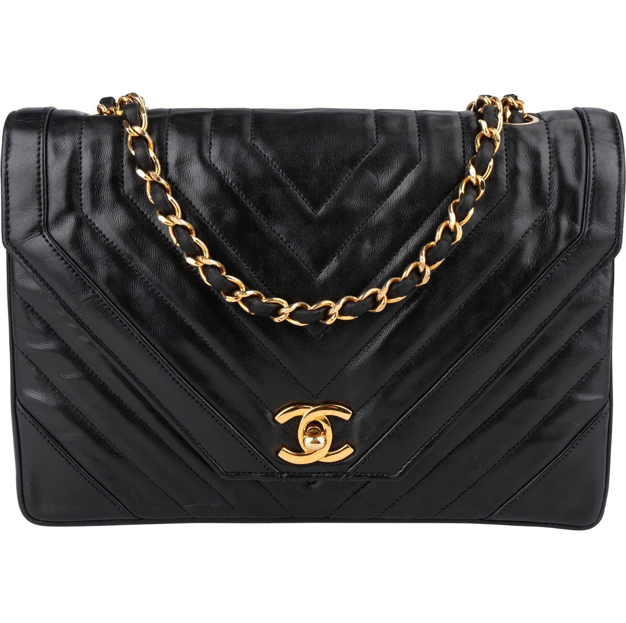 Chanel Chanel Chevron Lambskin 24K Gold Single Flap Shoulder Bag Zwart