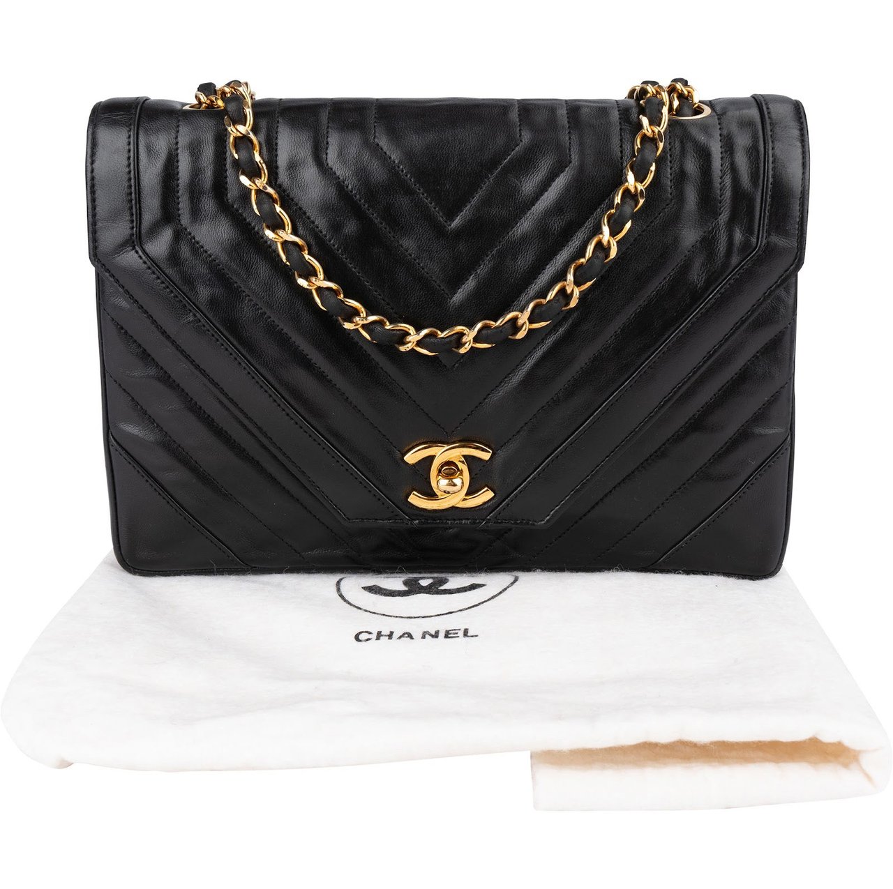 Chanel Chanel Chevron Lambskin 24K Gold Single Flap Shoulder Bag Zwart