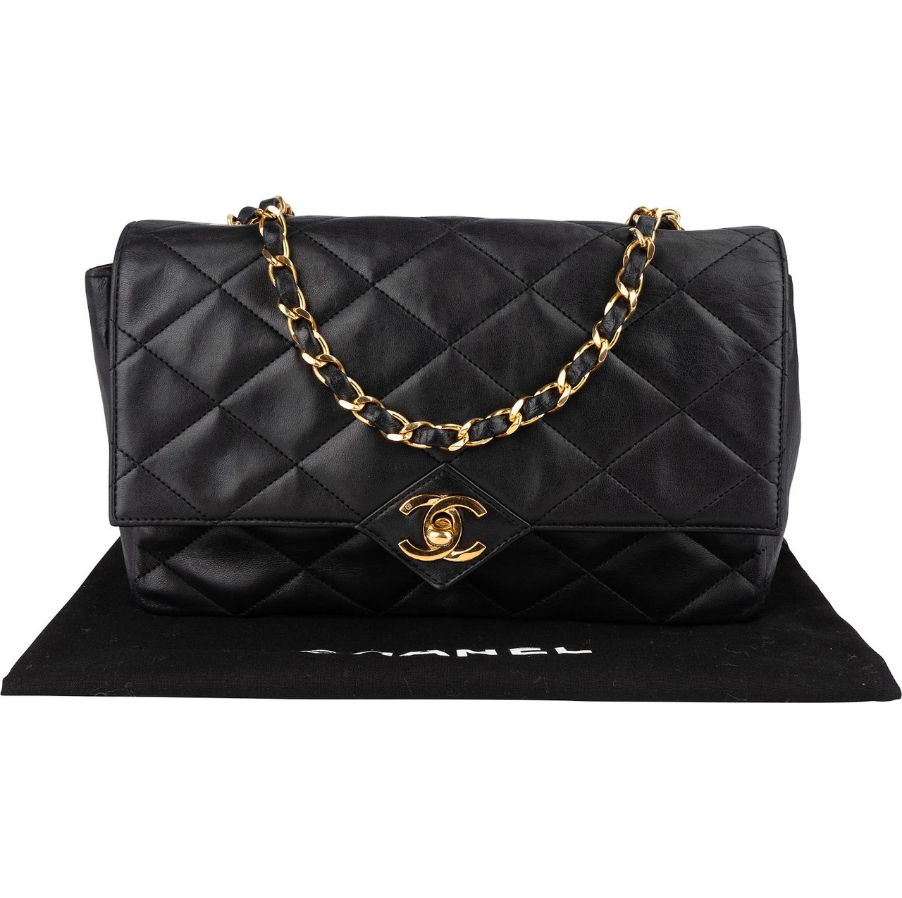 Chanel Chanel Quilted Lambskin 24K Gold Single Flap Crossbody Bag Zwart