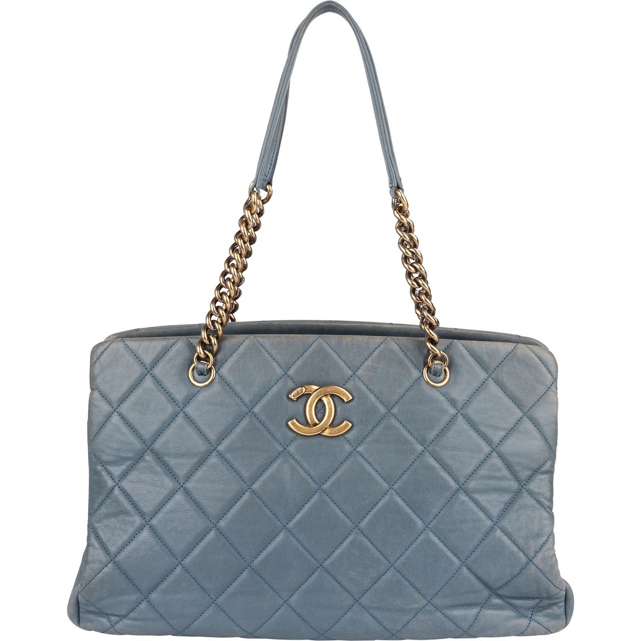 Chanel Quilted Lambskin CC Crown Tote Shoulder Bag Blauw