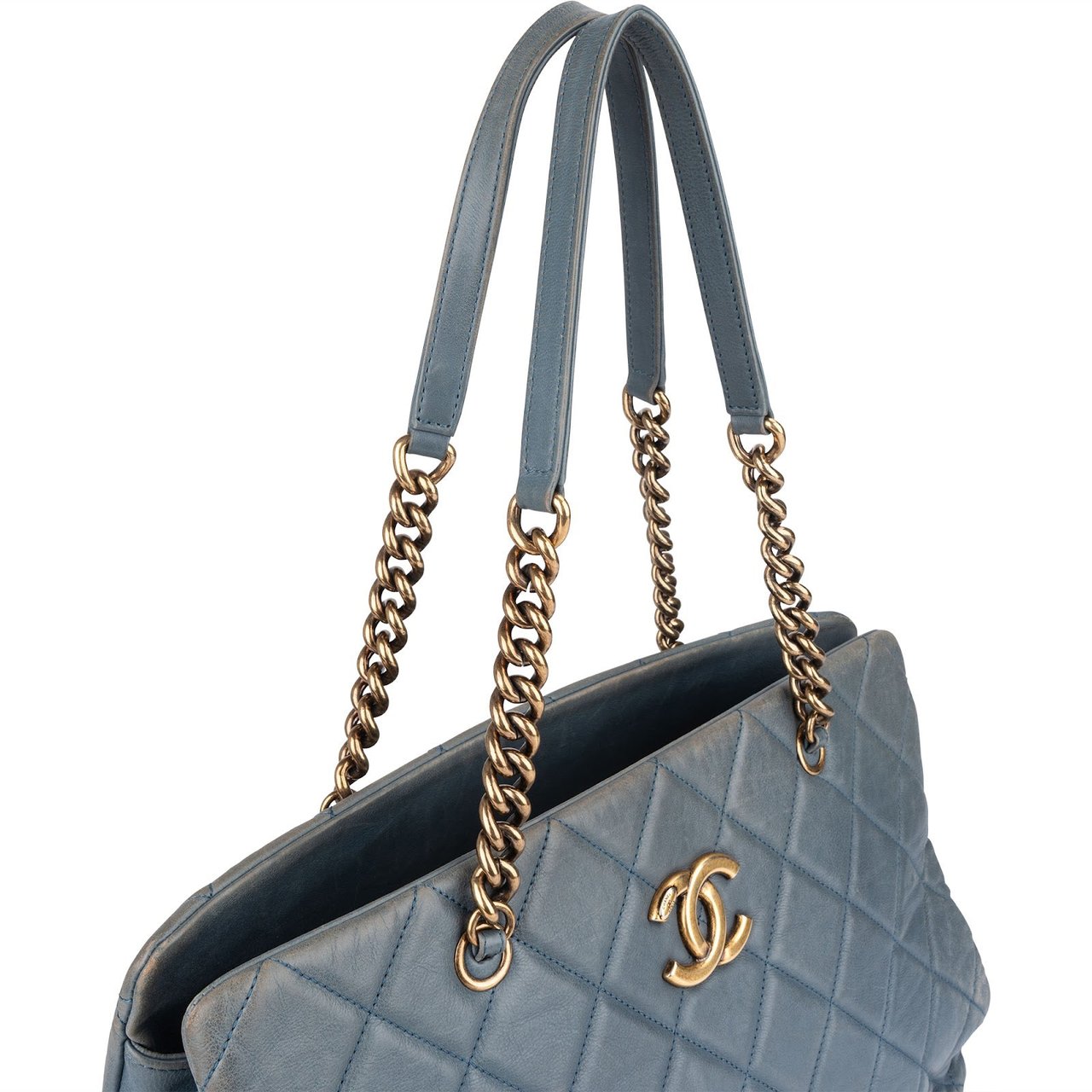 Chanel Quilted Lambskin CC Crown Tote Shoulder Bag Blauw