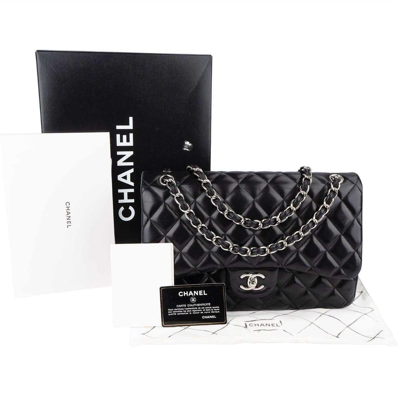 Chanel Chanel Quilted Lambskin Jumbo Double Flap Crossbody Bag Zwart