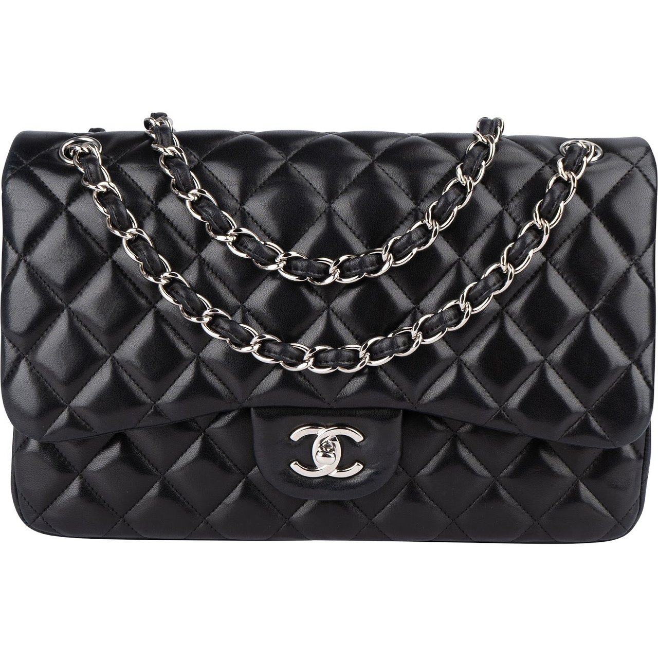 Chanel Chanel Quilted Lambskin Jumbo Double Flap Crossbody Bag Zwart