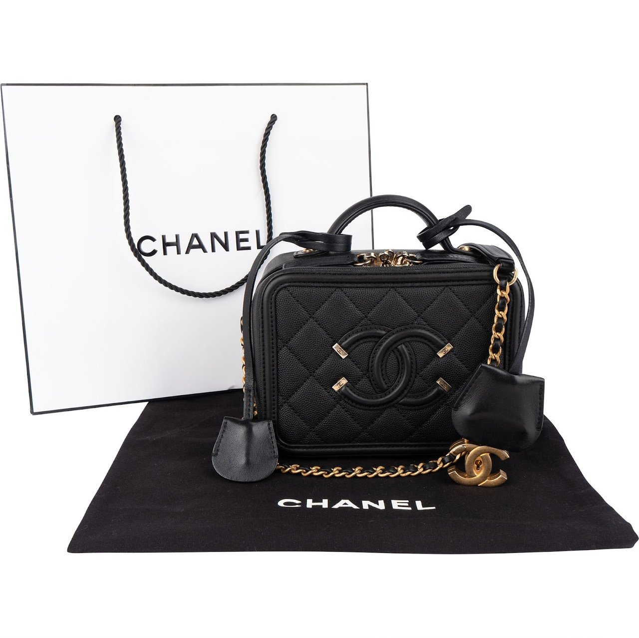 Chanel Quilted Caviar Leather CC Filigree Crossbody Bag Zwart
