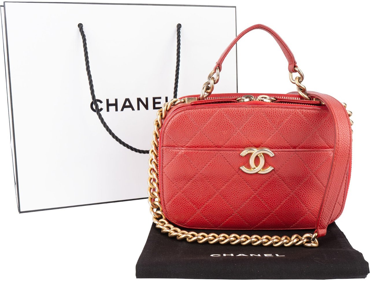 Chanel Chanel Red Quilted Lambskin Top Handle Vanity Case Crossbody Bag Rood