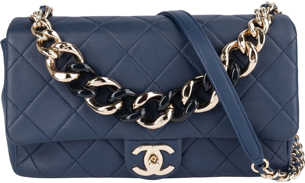 Chanel Quilted Lambskin Medium Flap Chunky Handle Crossbody Bag Navy