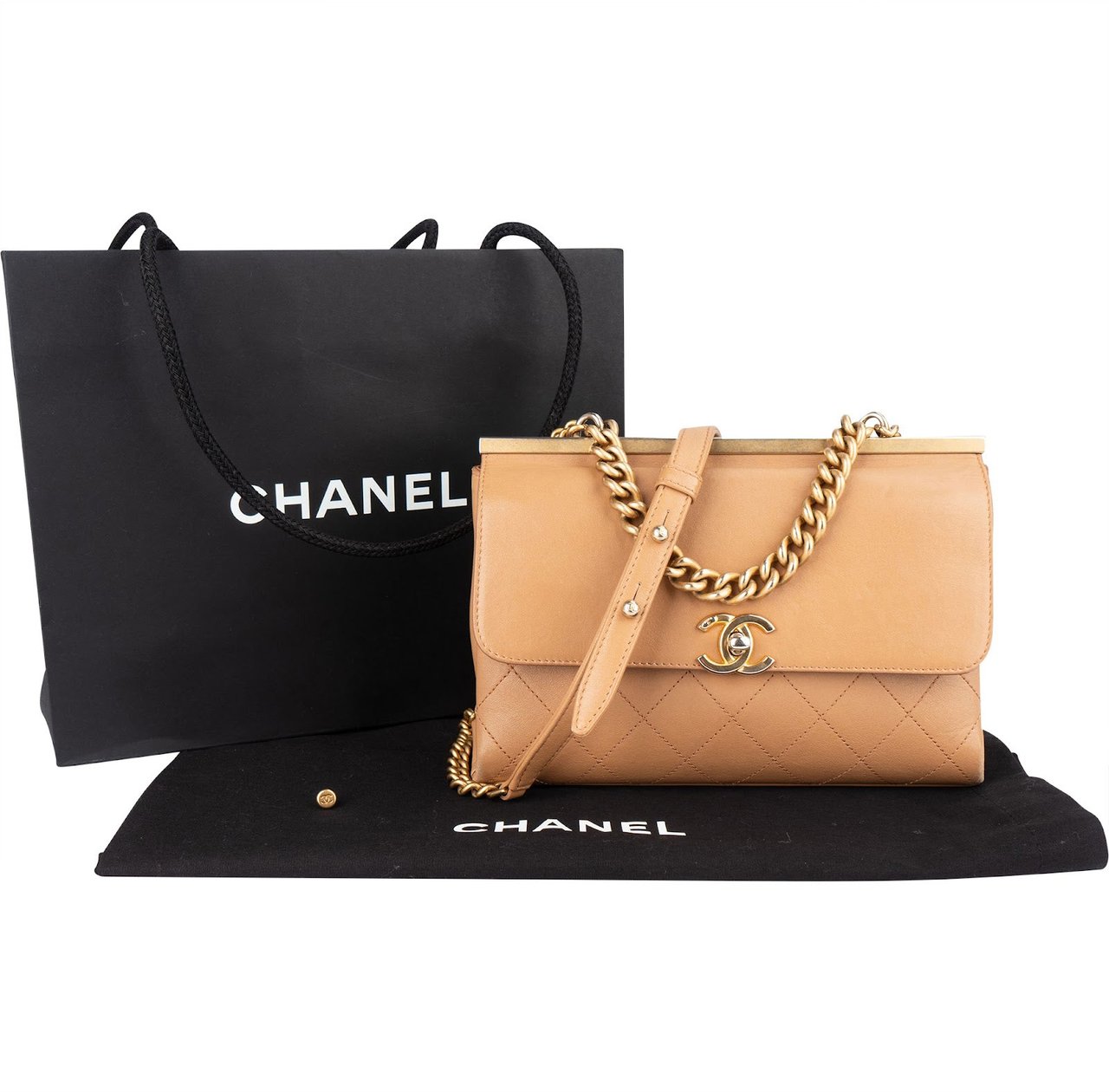Chanel Stitching Lambskin Frame Single Flap Crossbody Bag Beige