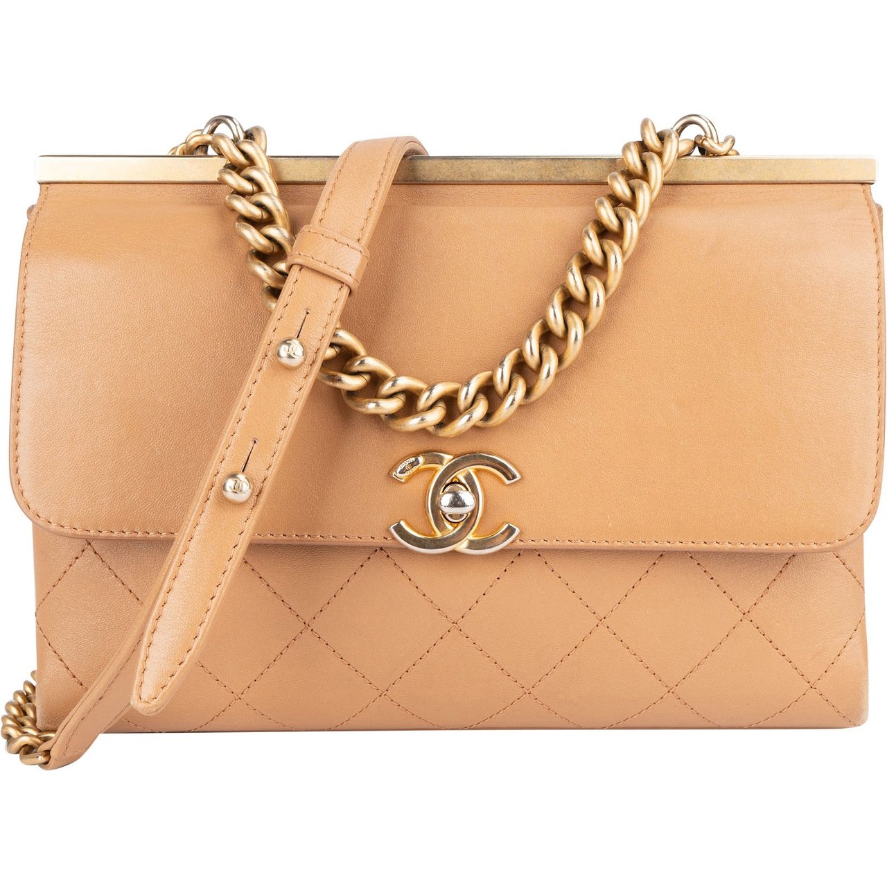 Chanel Chanel Stitching Lambskin Frame Single Flap Crossbody Bag Beige
