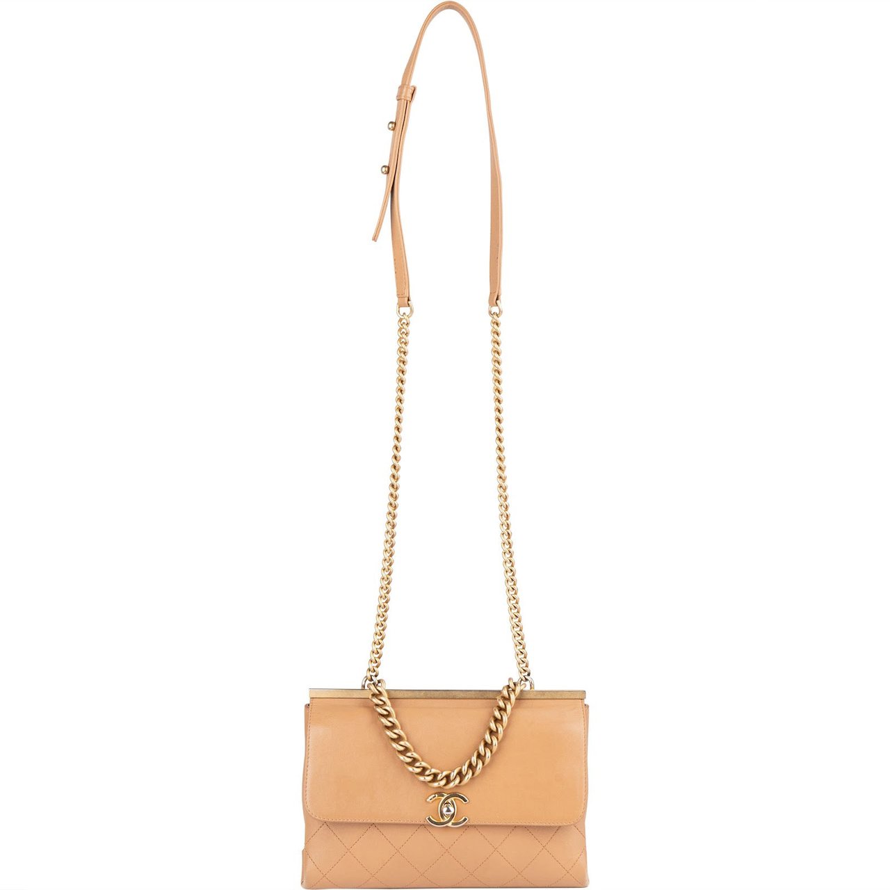 Chanel Stitching Lambskin Frame Single Flap Crossbody Bag Beige