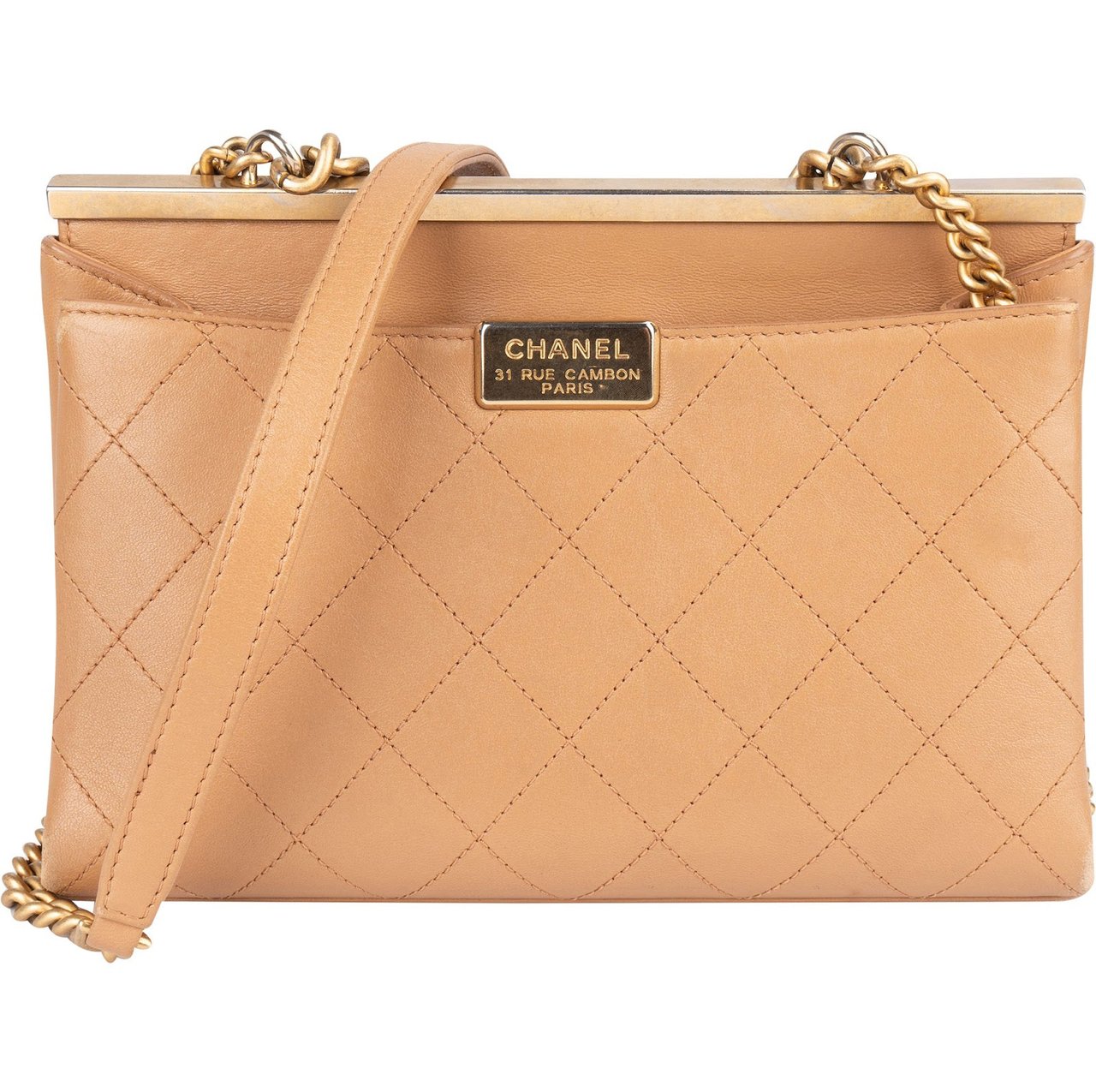 Chanel Stitching Lambskin Frame Single Flap Crossbody Bag Beige