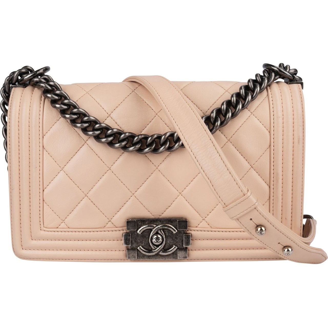 Chanel Chanel Quilted Lambskin Boy Single Flap Crossbody Bag Beige