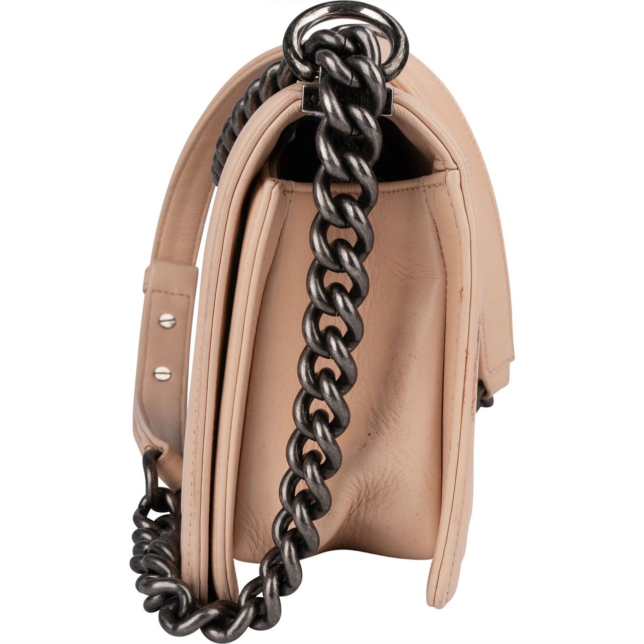 Chanel Chanel Quilted Lambskin Boy Single Flap Crossbody Bag Beige