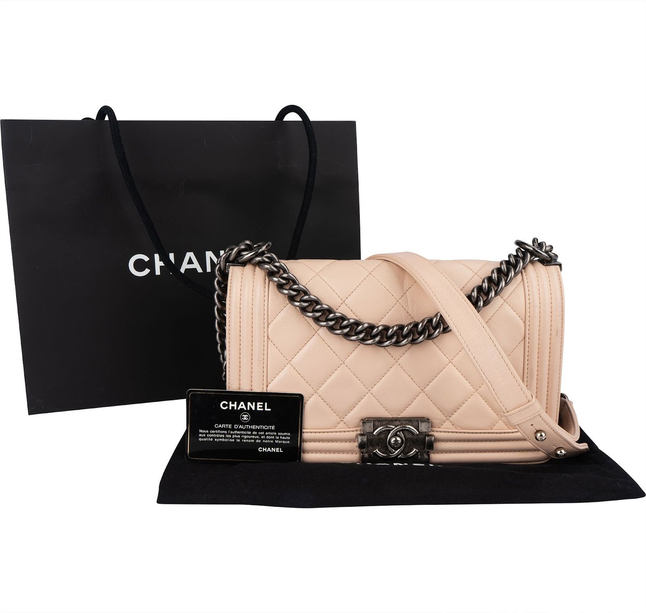 Chanel Chanel Quilted Lambskin Boy Single Flap Crossbody Bag Beige