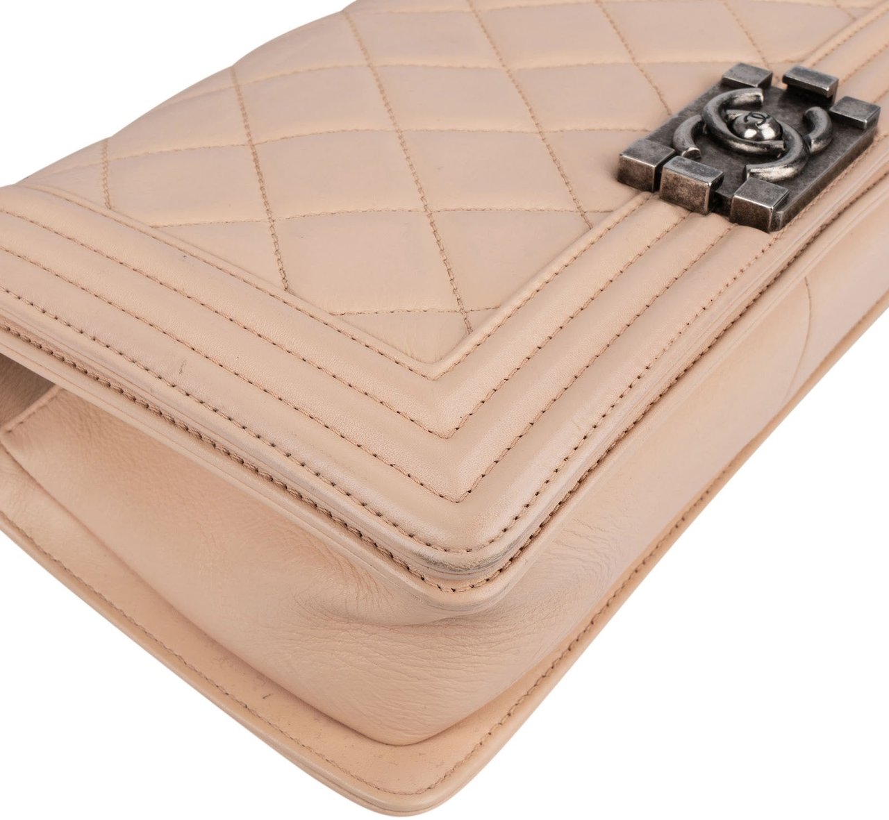 Chanel Chanel Quilted Lambskin Boy Single Flap Crossbody Bag Beige