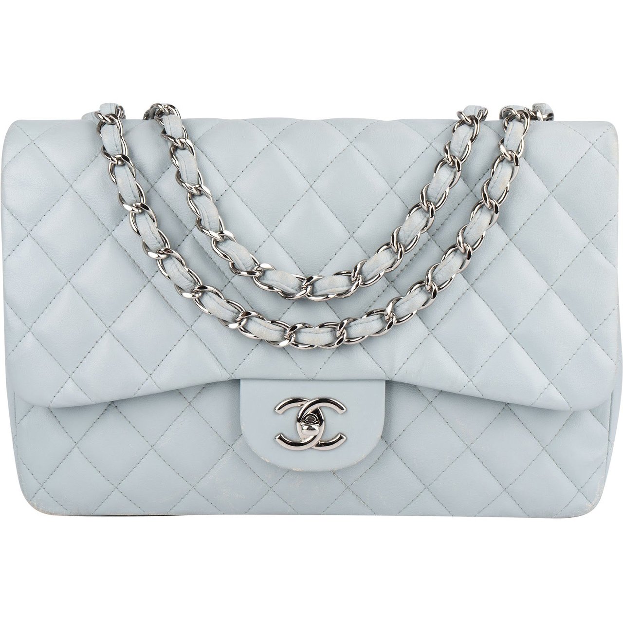 Chanel Chanel Quilted Lambskin Jumbo Single Flap Crossbody Bag Lichtblauw
