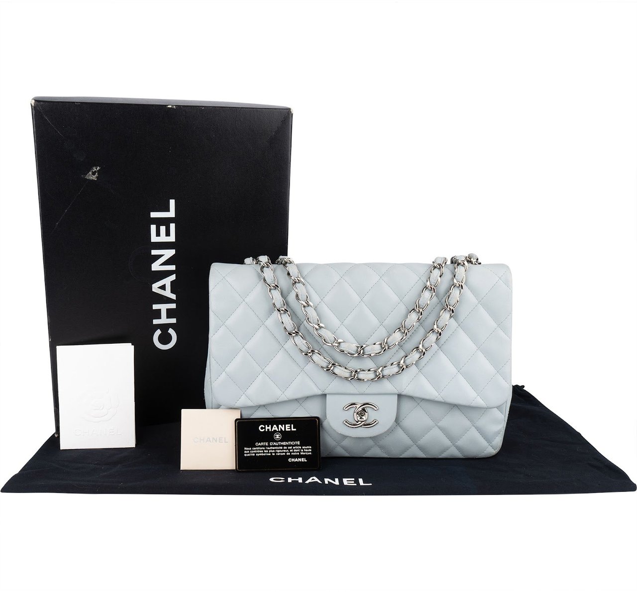 Chanel Chanel Quilted Lambskin Jumbo Single Flap Crossbody Bag Lichtblauw