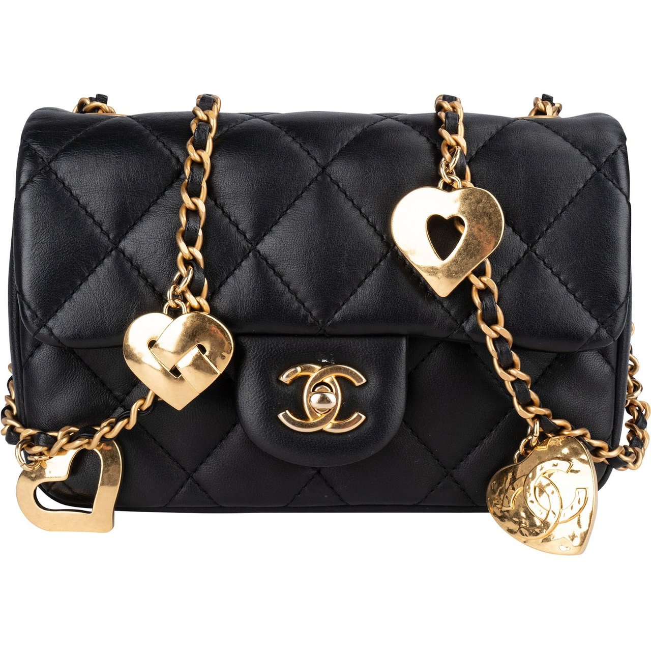 Chanel Quilted Lambskin Heart Charms Mini Rectangular Single Flap Crossbody Bag Zwart
