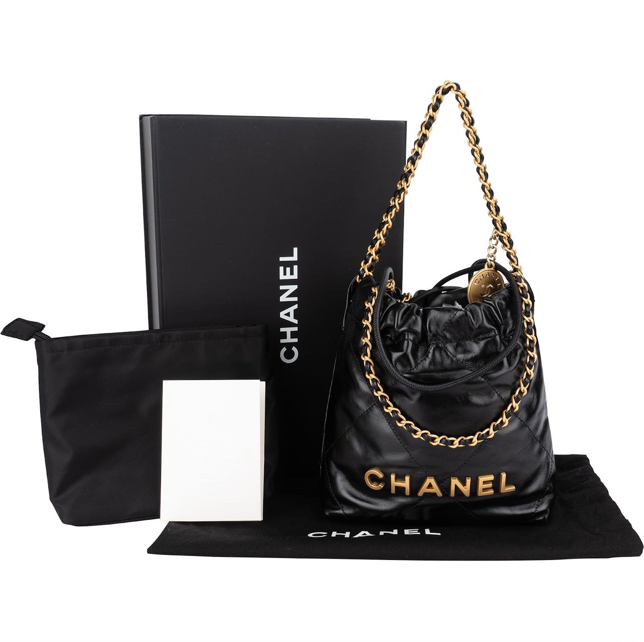 Chanel 22 Stitching Lambskin Small Drawstring Bag Handbag Zwart