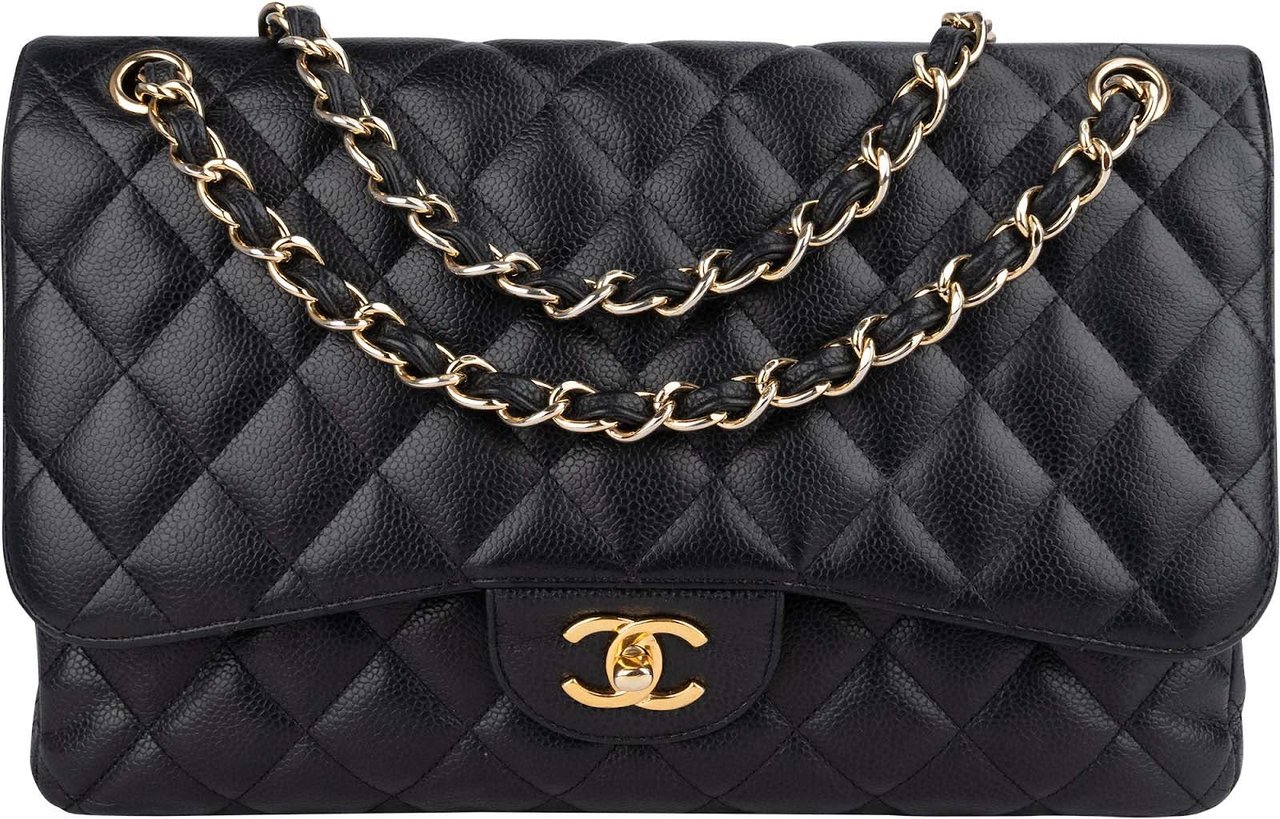 Chanel Chanel Quilted Caviar Leather Jumbo Double Flap Crossbody Bag Zwart
