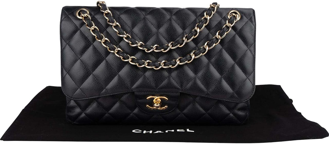 Chanel Chanel Quilted Caviar Leather Jumbo Double Flap Crossbody Bag Zwart