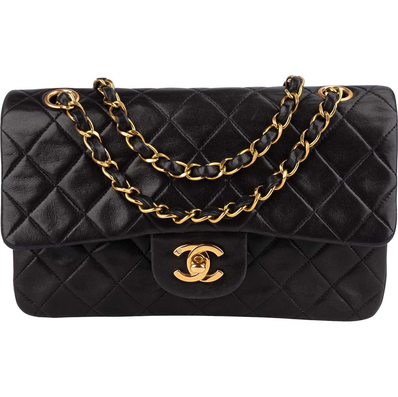 Chanel Chanel Quilted Lambskin 24K Gold Small Double Flap Crossbody Bag Zwart