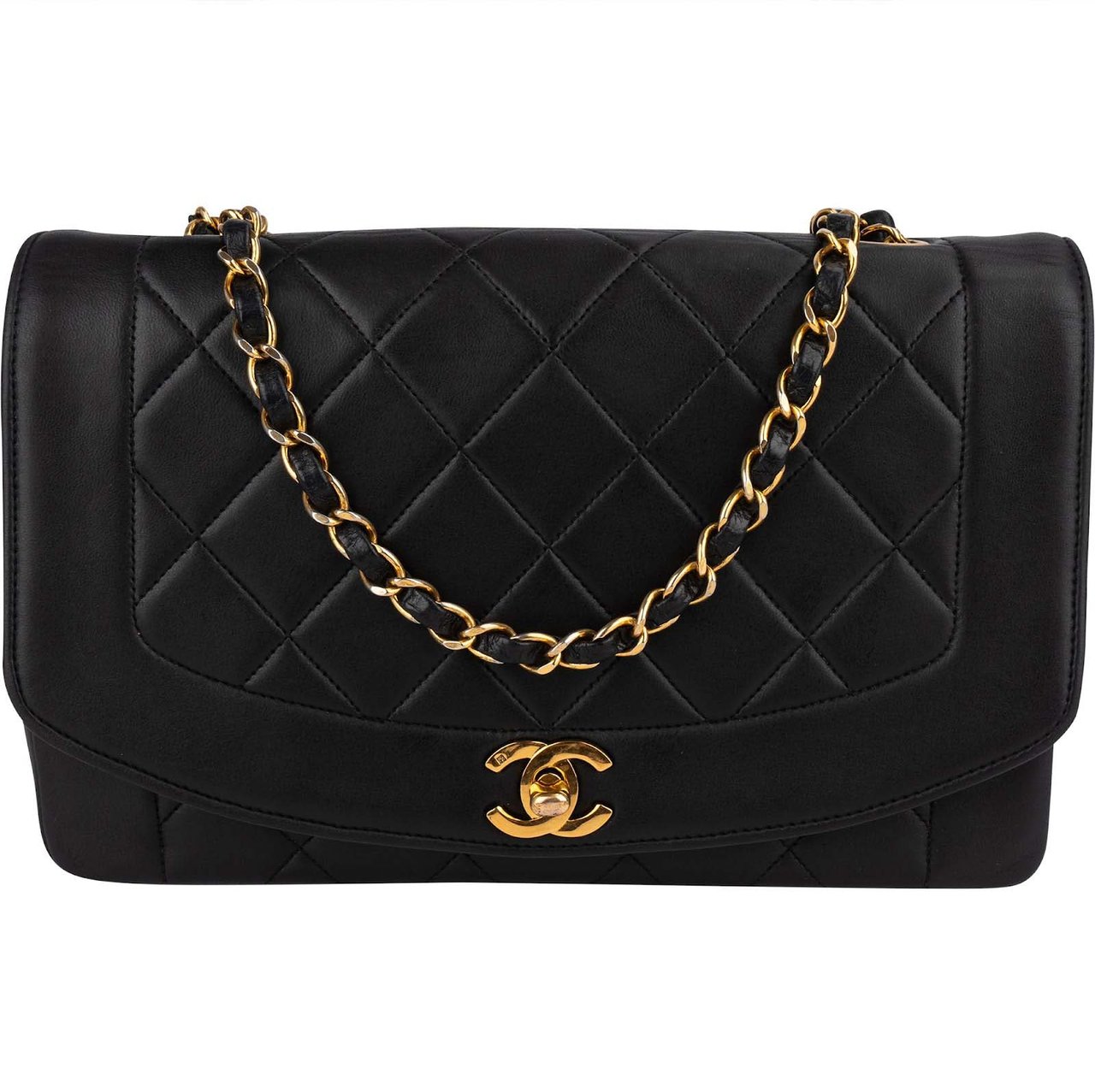 Chanel Chanel Quilted Lambskin 24K Gold Diana Single Flap Crossbody Bag Zwart