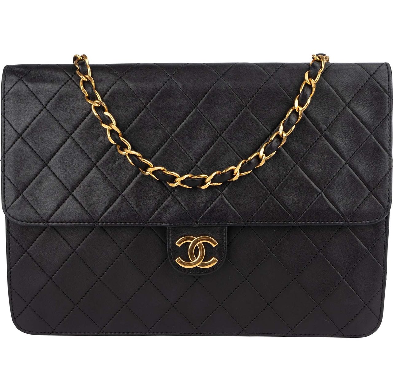 Chanel Chanel Quilted Lambskin 24K Gold Single Flap Crossbody Bag Zwart