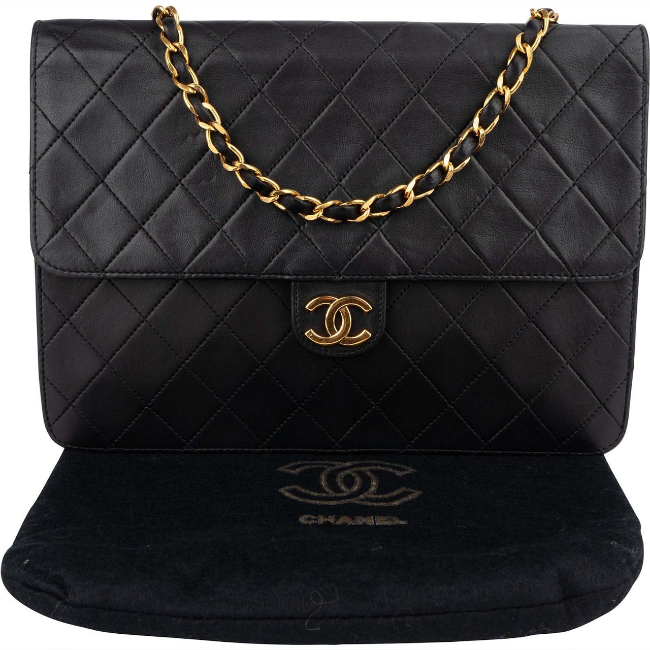 Chanel Chanel Quilted Lambskin 24K Gold Single Flap Crossbody Bag Zwart